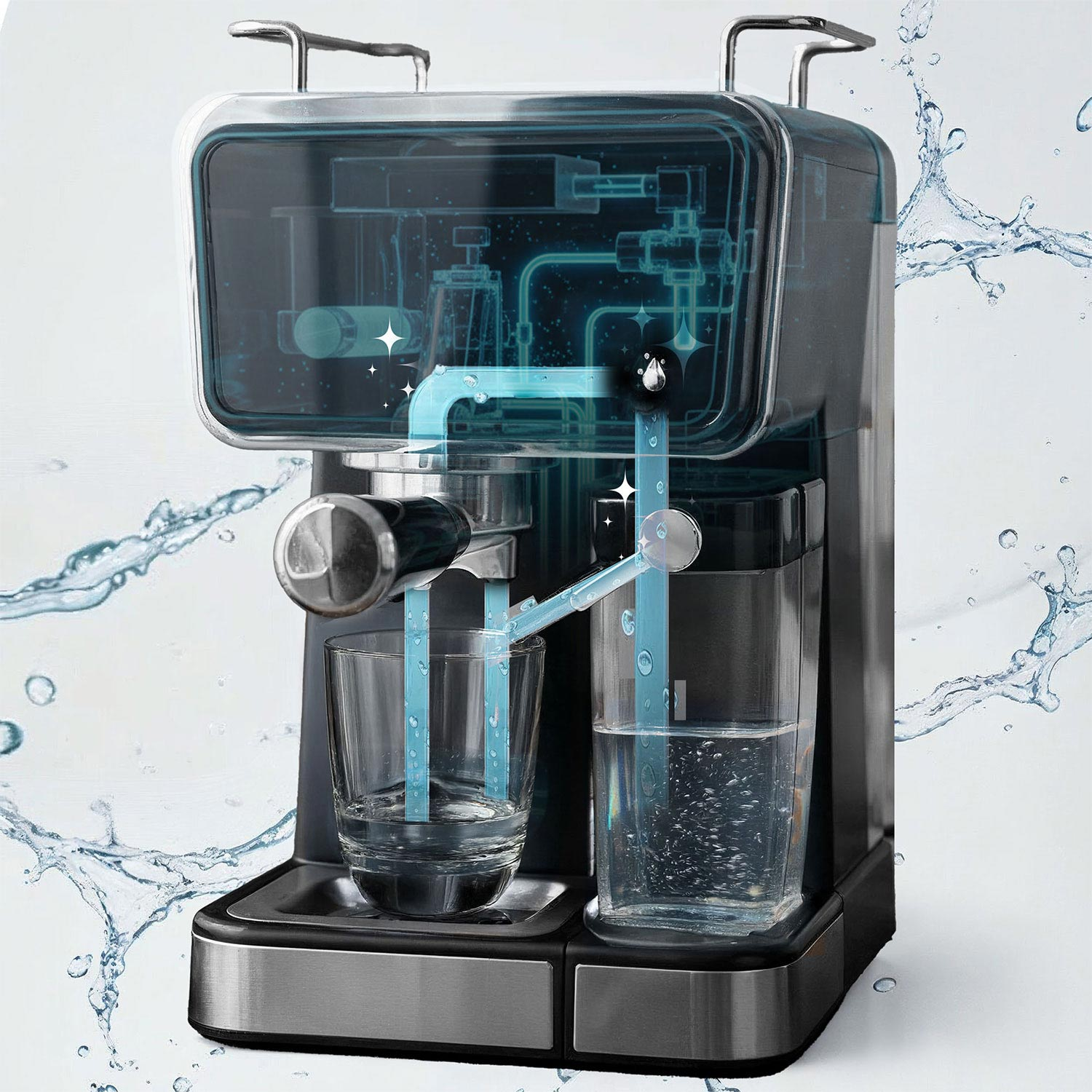 Ekspres do kawy z przezroczystym zbiornikiem na wodę. Woda przepływa przez niego do szklanki i pojemnika. Chlapanie wody w tle.