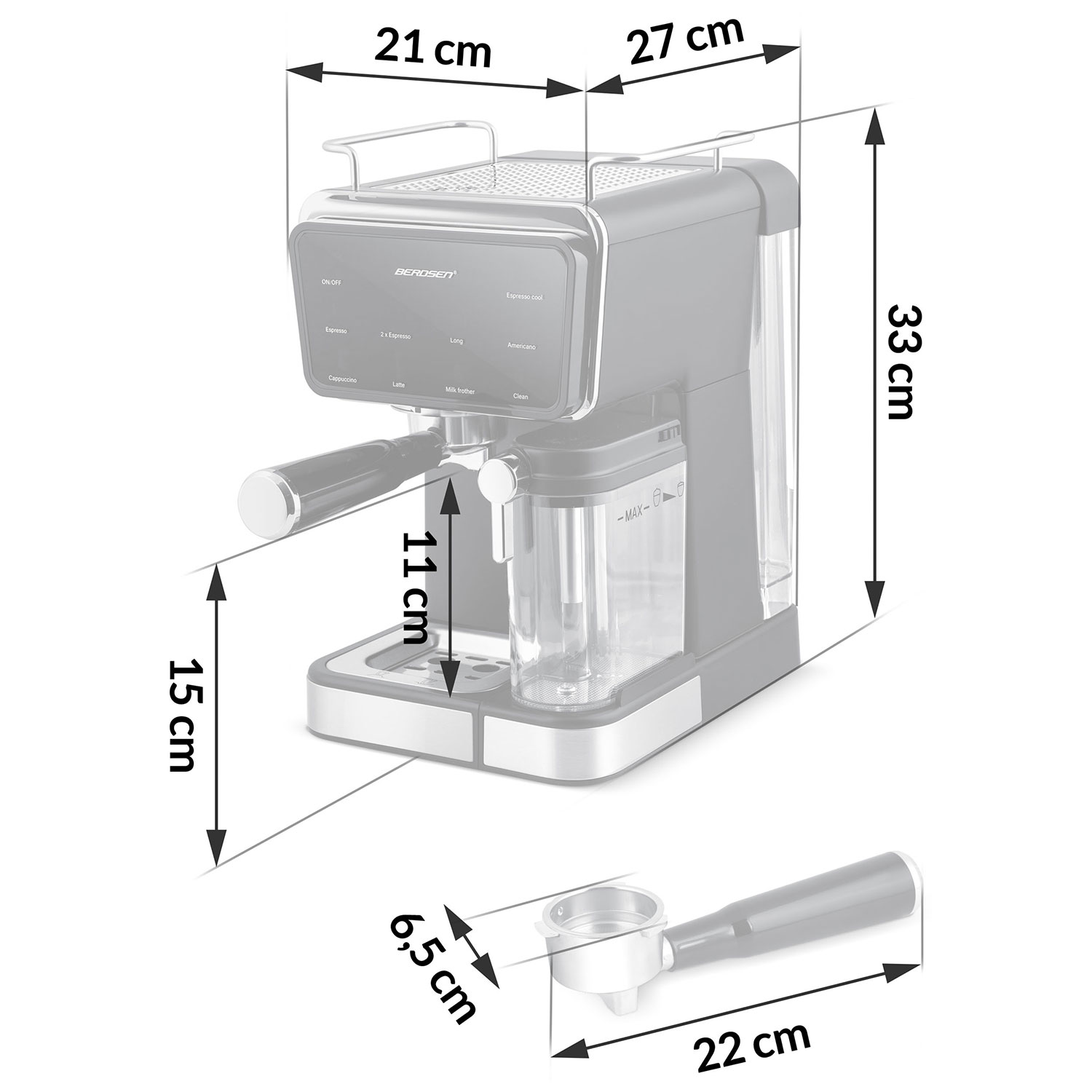 Ekspres do kawy z wymiarami: 21 cm, 27 cm, 33 cm, 15 cm, 11 cm, 6,5 cm i 22 cm. Ma przyciski i kolbę.