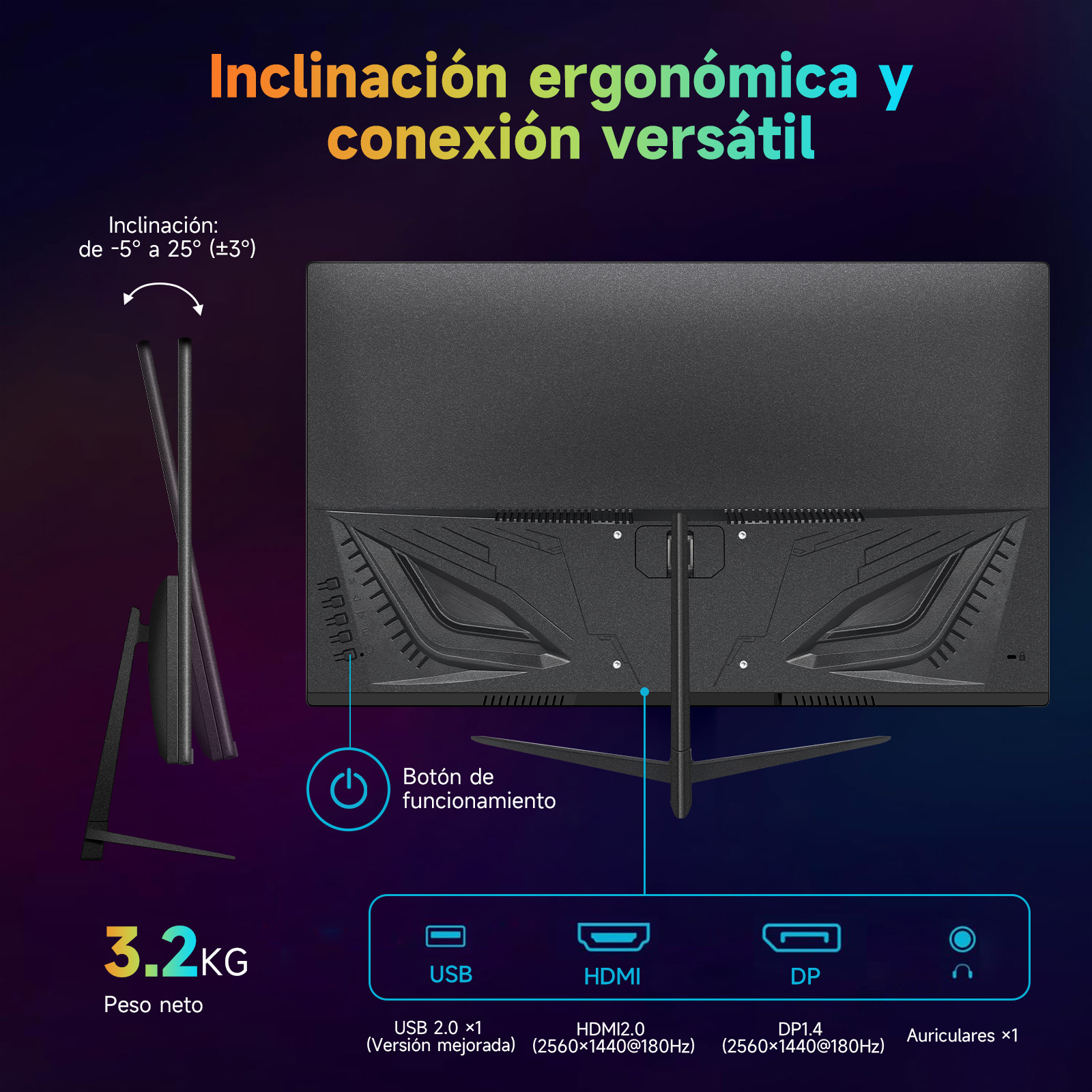 Un monitor con inclinación ergonómica. Muestra puertos USB, HDMI, DP y audio. Texto indica 3.2KG peso y botón de encendido.