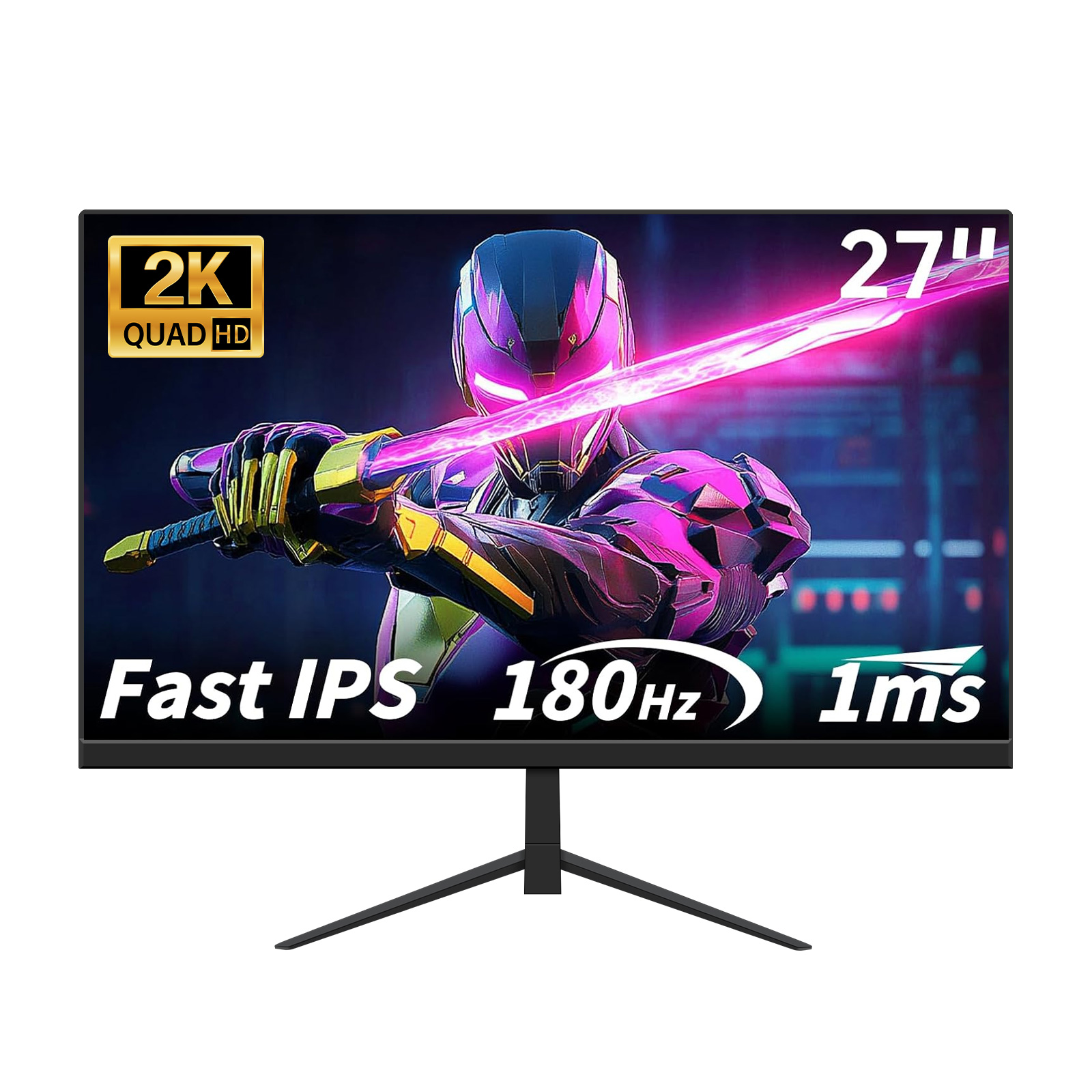 Un monitor muestra un guerrero futurista con espada brillante. Especificaciones: 2K, 180Hz, 1ms y 27 pulgadas.