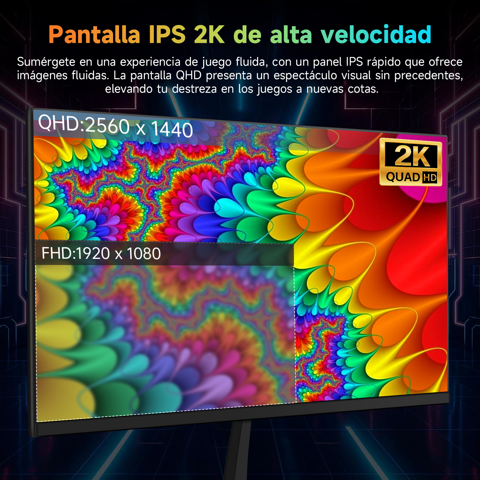Un monitor de computadora muestra patrones abstractos coloridos. El texto dice '2K Quad HD' y detalles de resolución.