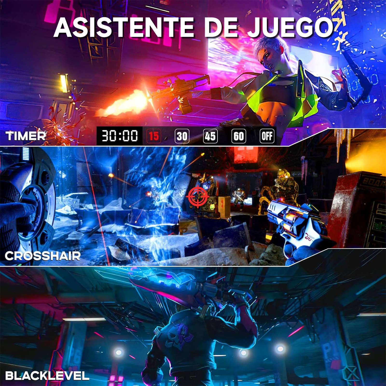 Una interfaz de juego con indicadores de temporizador, mira y nivel de negro. Incluye un personaje futurista con un arma y una escena del juego.