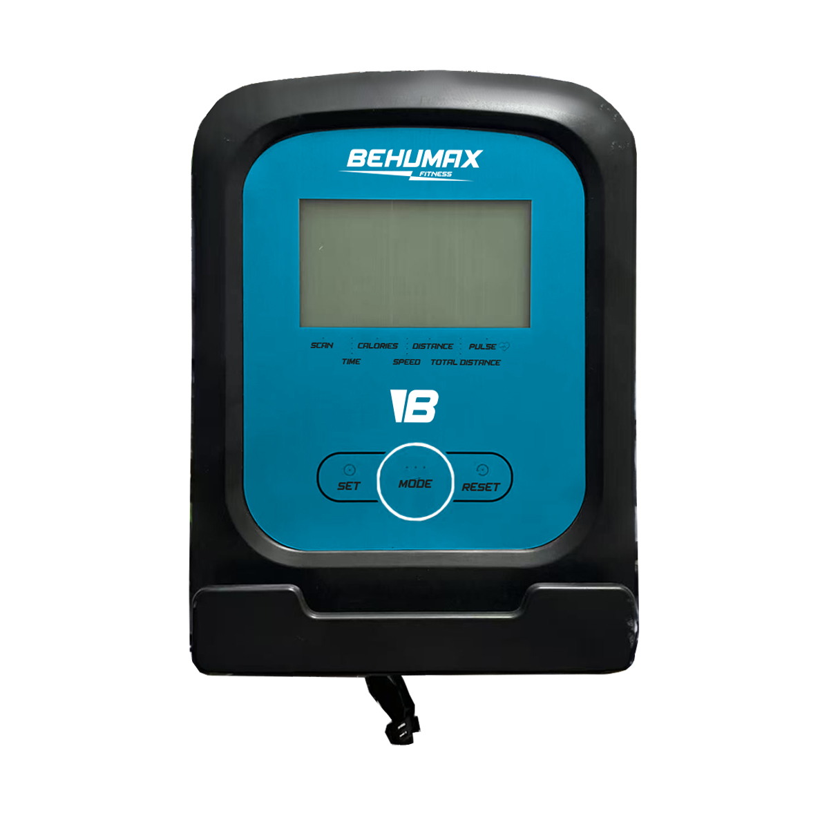 Consola de equipo de fitness. Tiene una pantalla azul con botones para escaneo, calorías, distancia, tiempo, velocidad, distancia total y pulso.