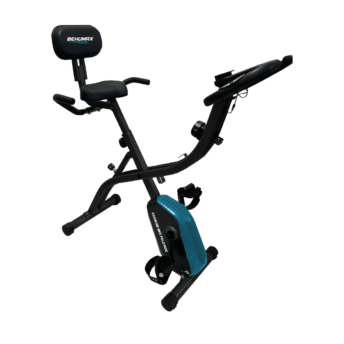Una bicicleta estática con marco negro y carcasa azul. Tiene asiento, respaldo y manillar. Se ve la marca 'BEHUMAX'.