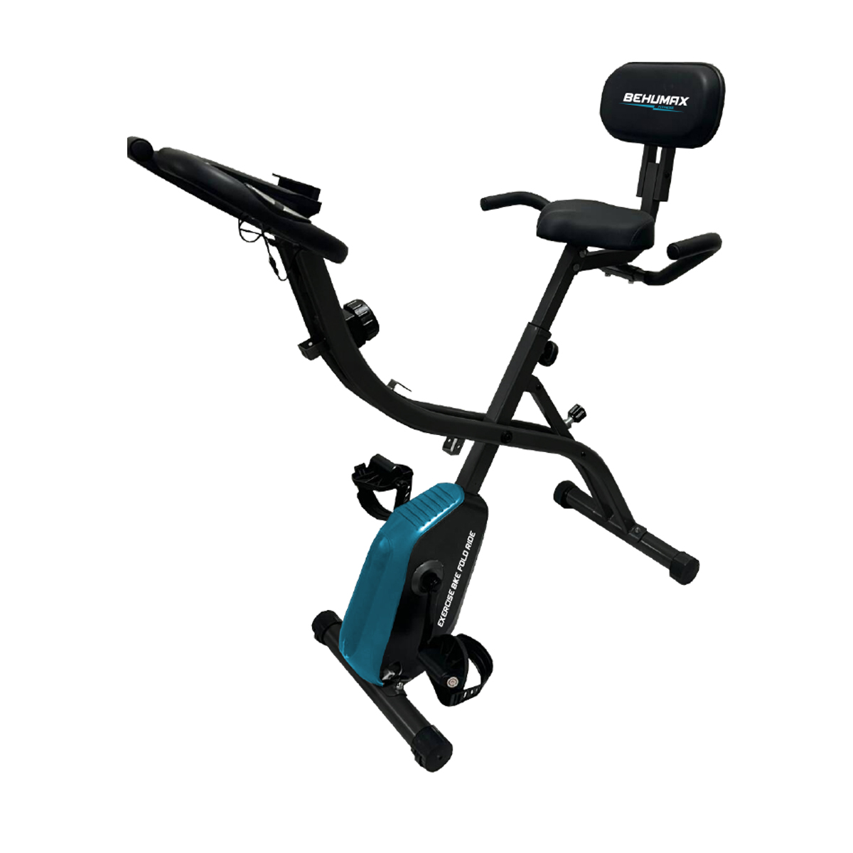 Una bicicleta estática con marco negro y carcasa azul, con asiento, respaldo, manillar y pedales, sobre un fondo blanco.