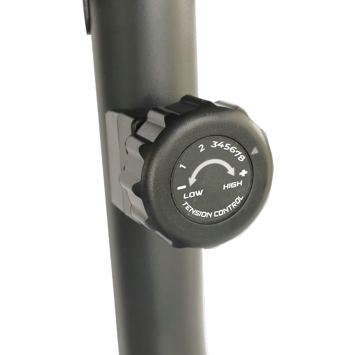 Primer plano de una perilla de control de tensión negra en una barra de metal gris. La perilla tiene los números 1-8, con etiquetas 'LOW' y 'HIGH'.