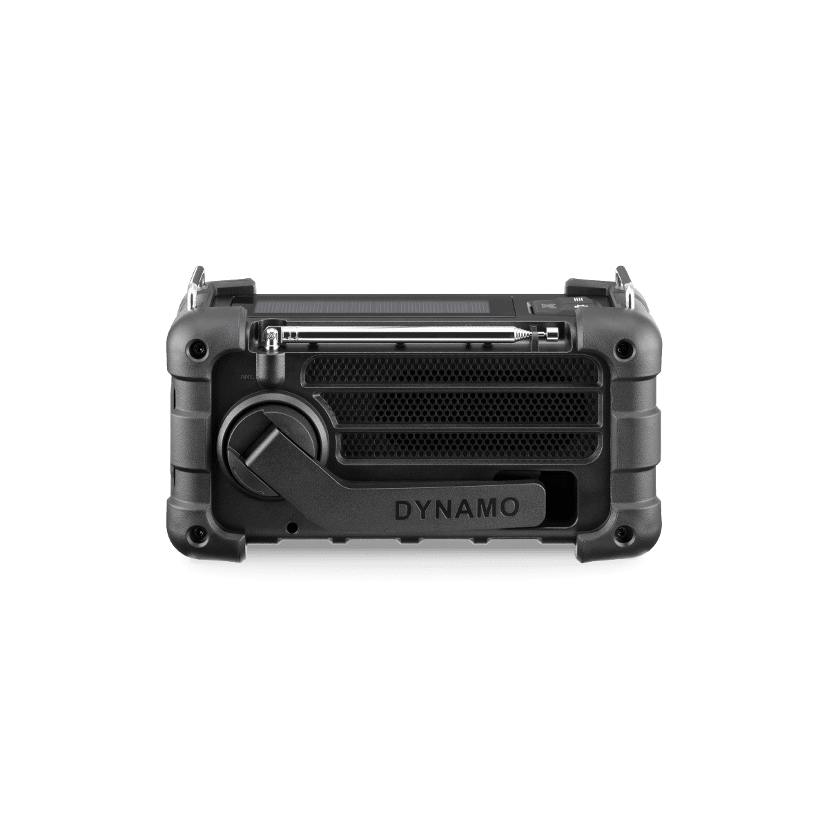 Ein schwarzes Dynamo-Radio ist vor einem weißen Hintergrund zentriert. Es hat einen Griff, eine Antenne und ein Lautsprechergitter. Das Wort DYNAMO ist sichtbar.