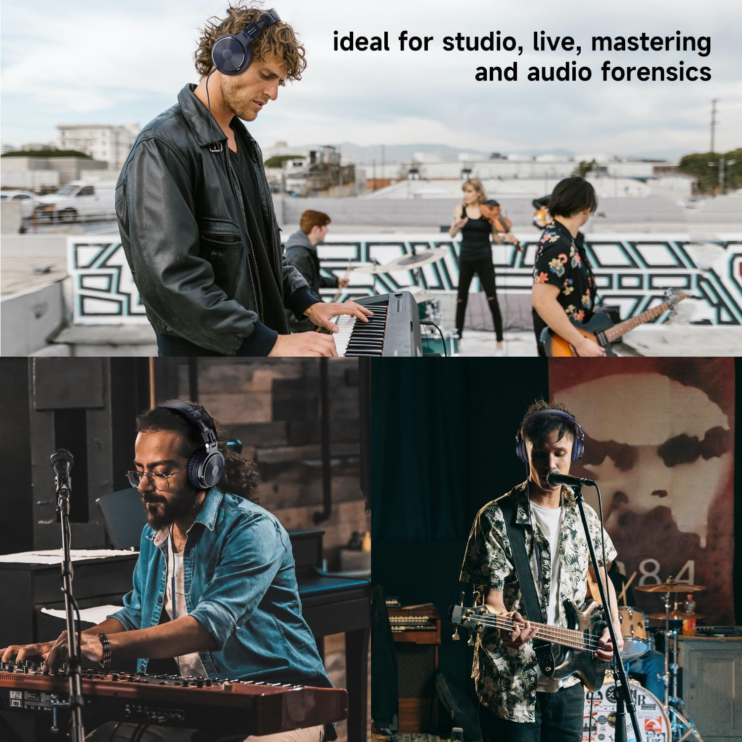 Musicisti che suonano strumenti su un tetto e in uno studio, con le cuffie. L'immagine include anche testo sulle applicazioni audio.