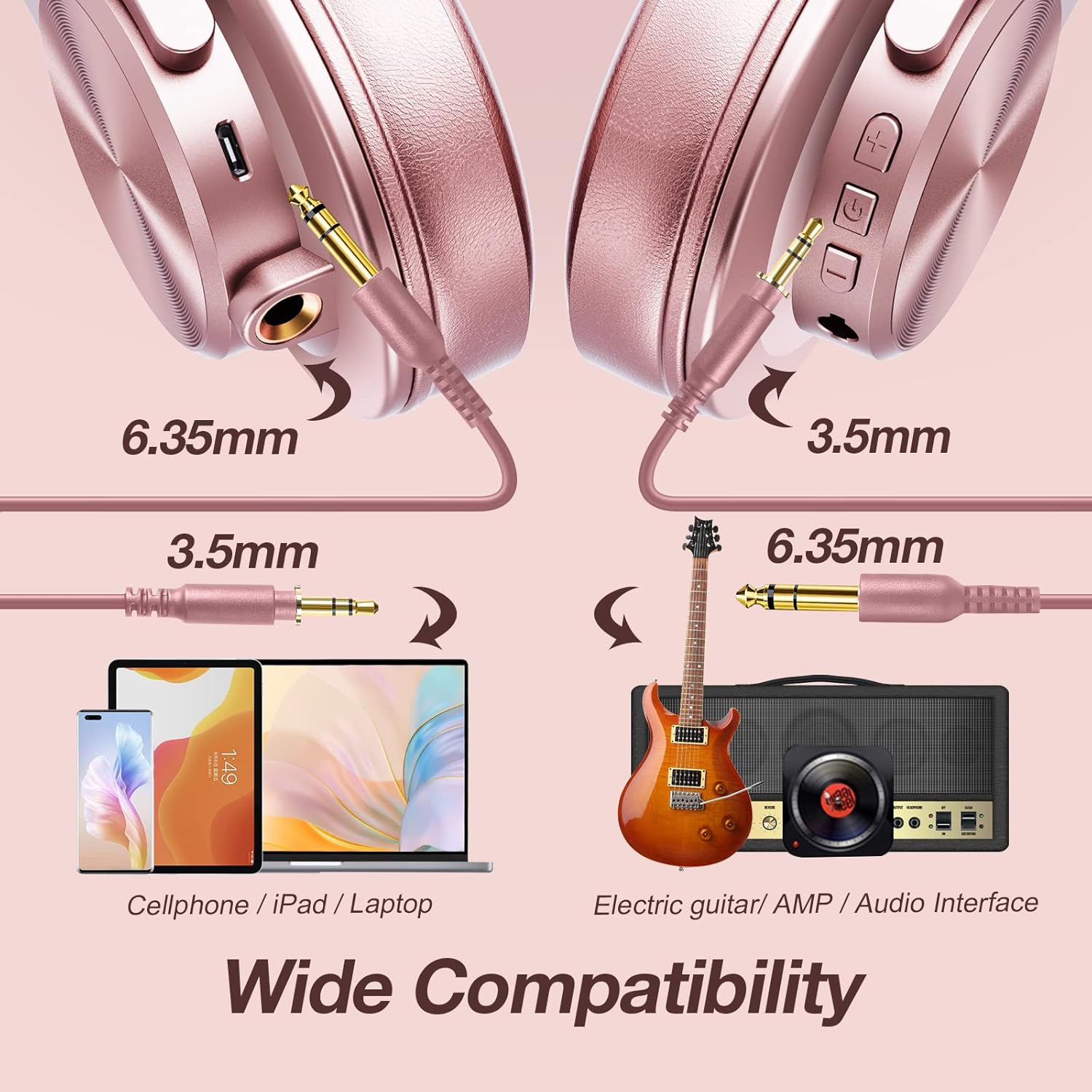 Hoofdtelefoon met 6,35 mm en 3,5 mm jacks. Inclusief telefoon, tablet en laptop. Ook een elektrische gitaar, versterker en audio-interface.