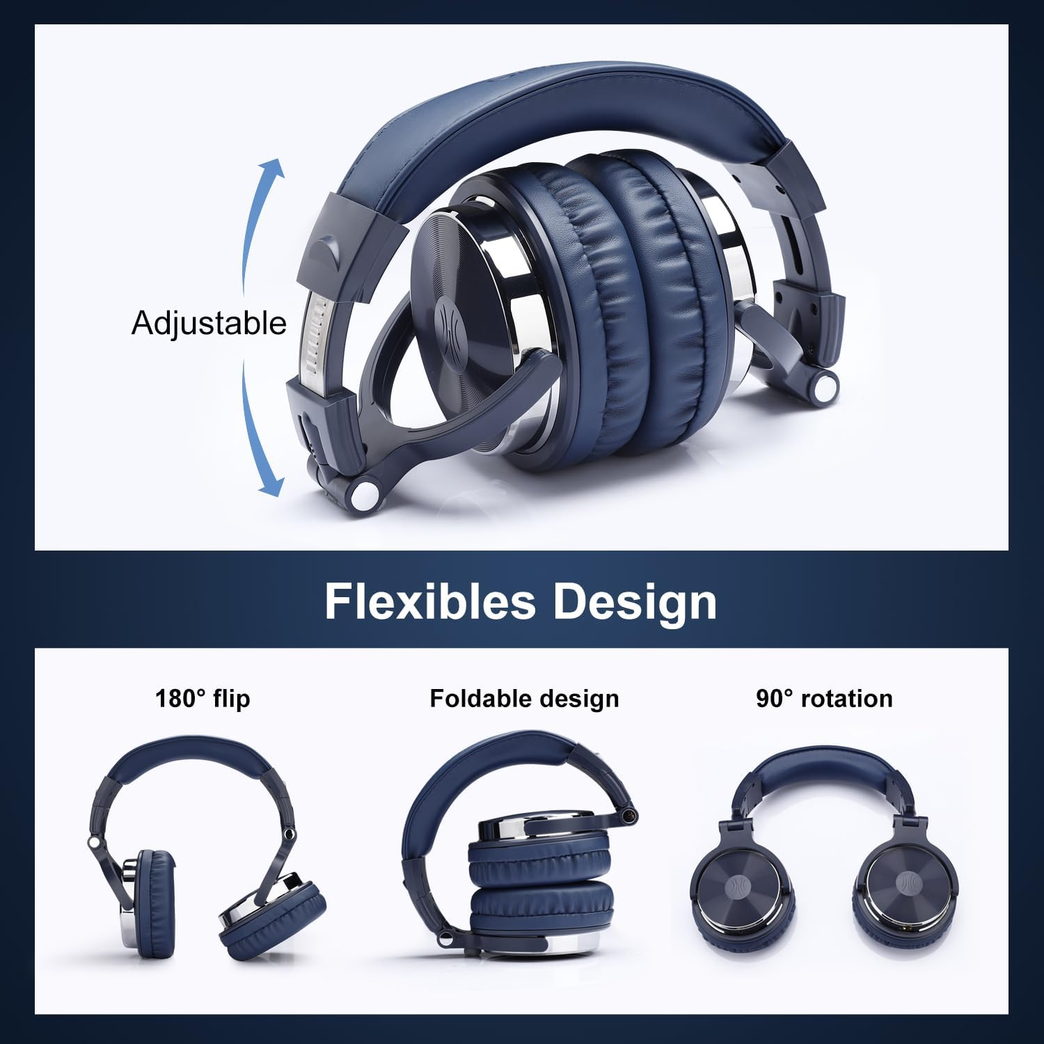 Cuffie blu e argento. Design regolabile, pieghevole e ruotabile mostrato. Il testo evidenzia la flessibilità.