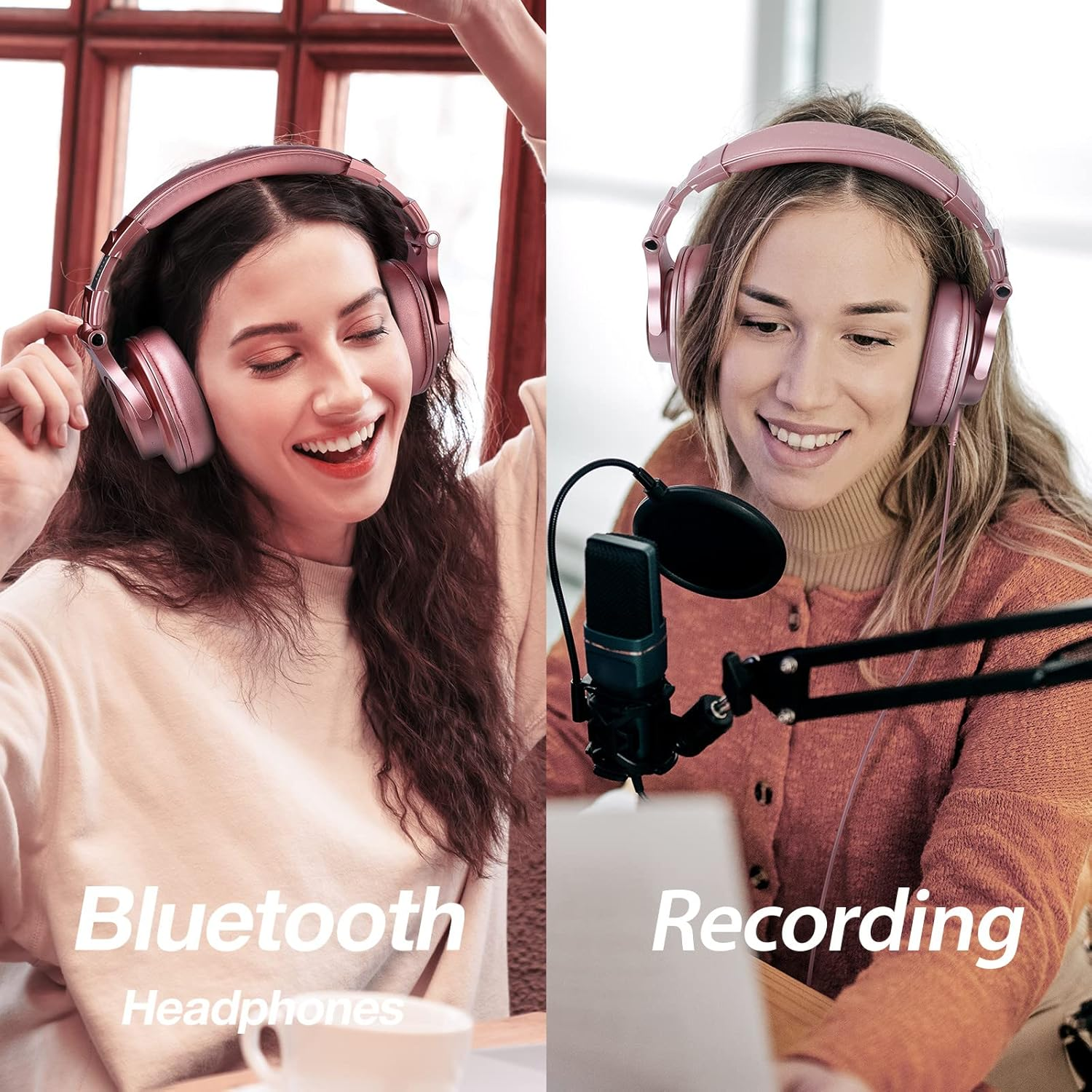 Twee vrouwen met roze koptelefoons. Eén lacht met de tekst 'Bluetooth Headphones'. De ander lacht bij een microfoon, met 'Recording'.