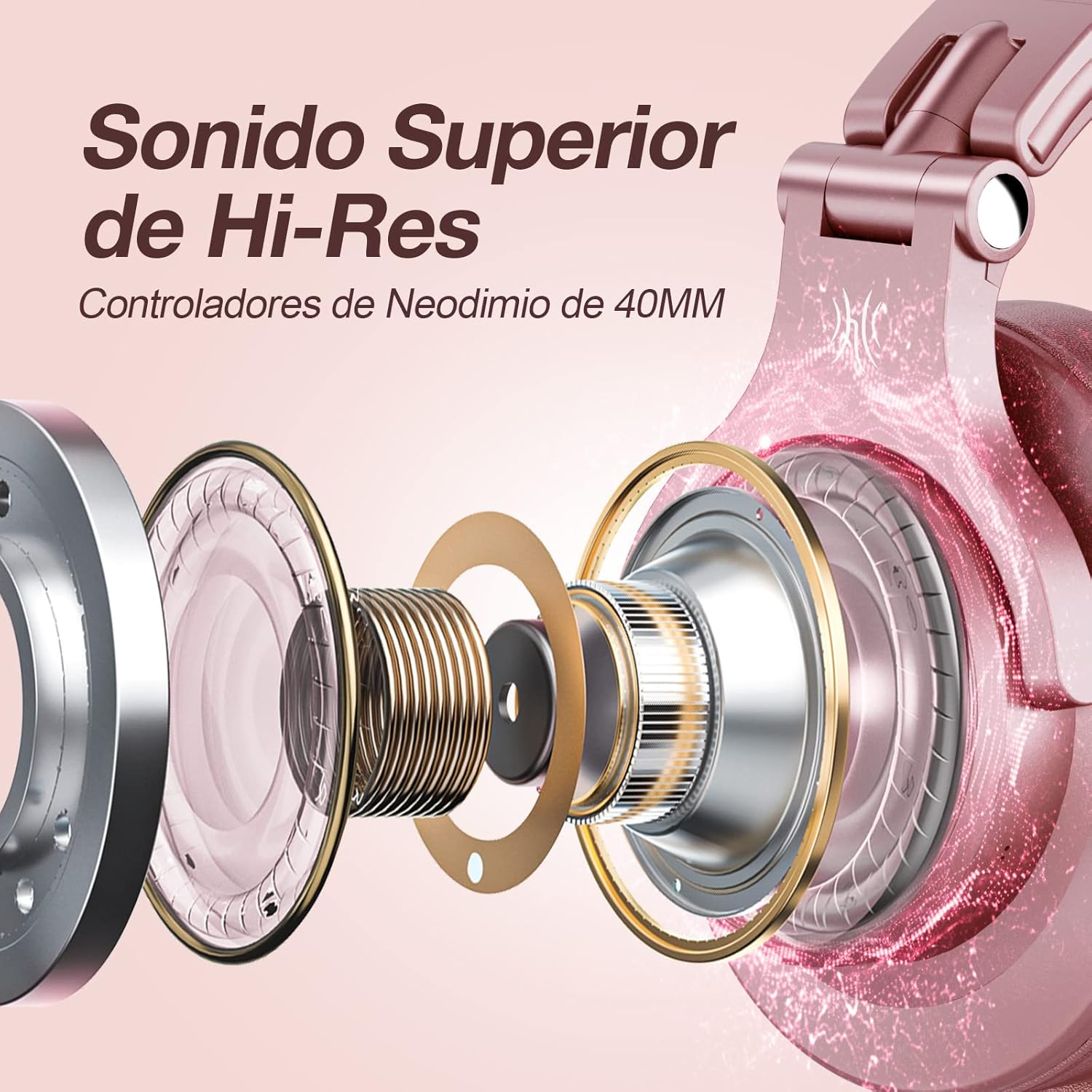 Exploded view van een roségouden koptelefoon met interne componenten. Tekst luidt 'Superior Hi-Res Sound' en '40MM Neodymium Drivers'.