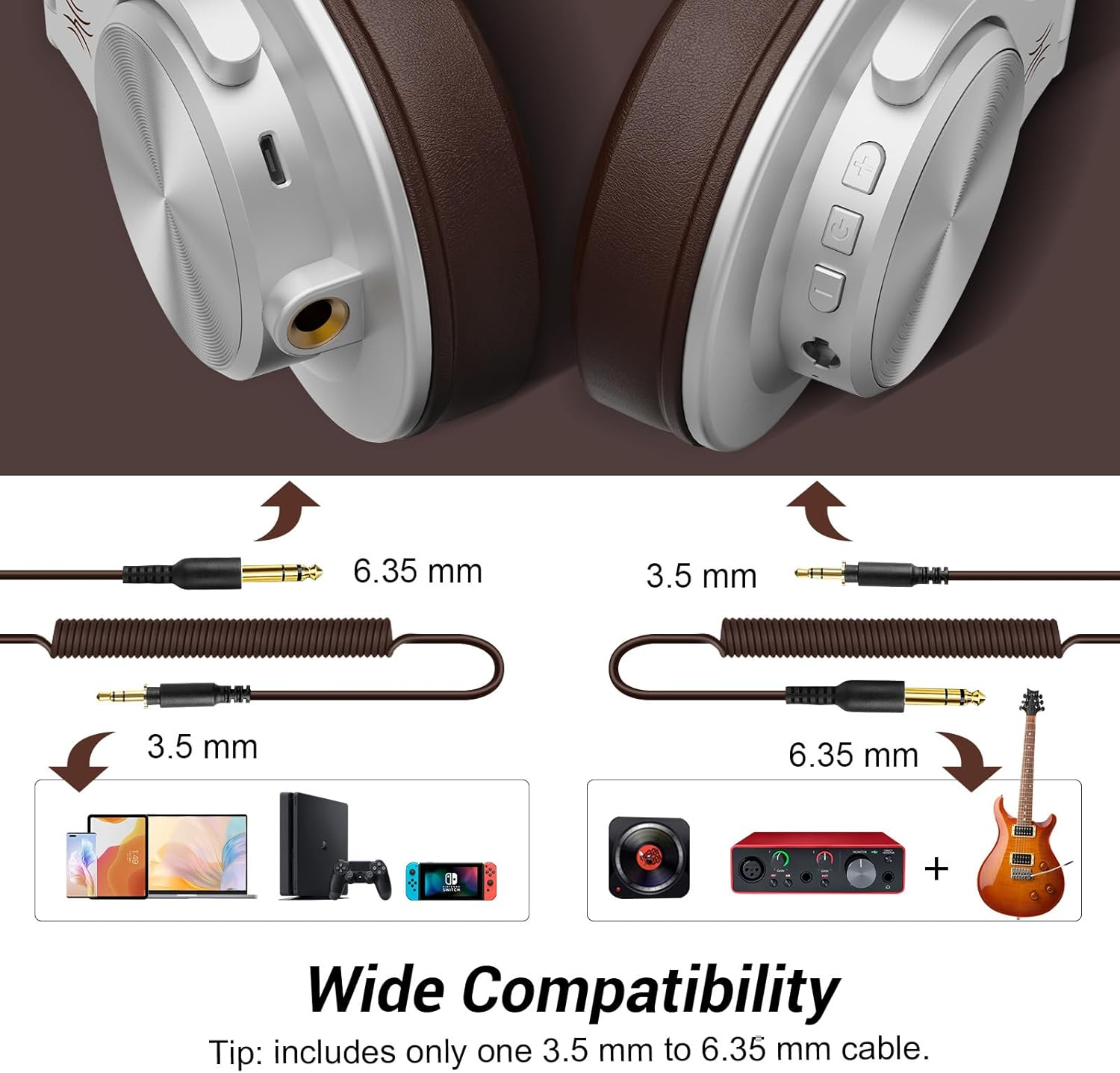 Hoofdtelefoon met kabels, 3,5 mm en 6,35 mm. Compatibiliteitsgrafiek met telefoon, consoles, audio-apparatuur en gitaar.