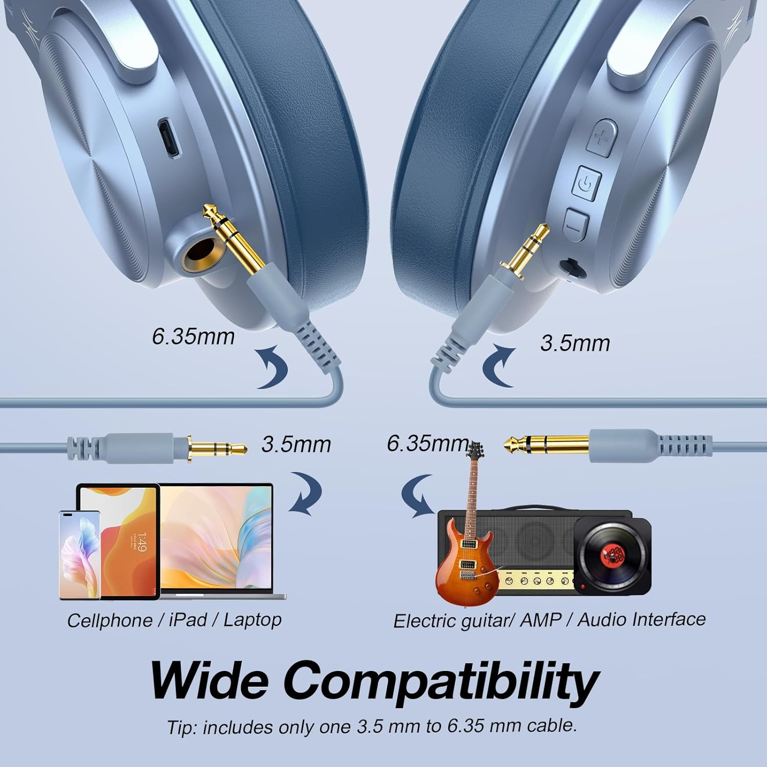 Afbeelding toont hoofdtelefoon met 3,5 mm en 6,35 mm jacks, verbonden met telefoon, laptop en gitaarversterker.