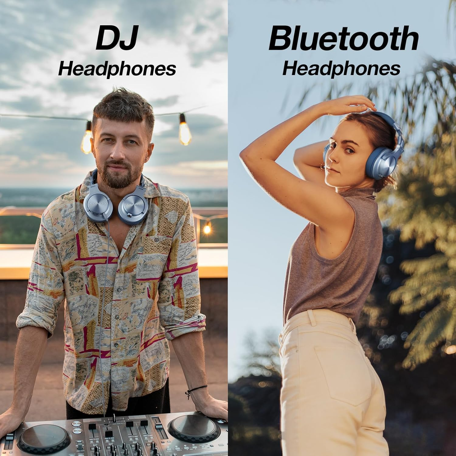 Afbeelding toont twee mensen met een koptelefoon, gelabeld 'DJ' en 'Bluetooth'. Een man bij een DJ-console, de andere vrouw in zonlicht.