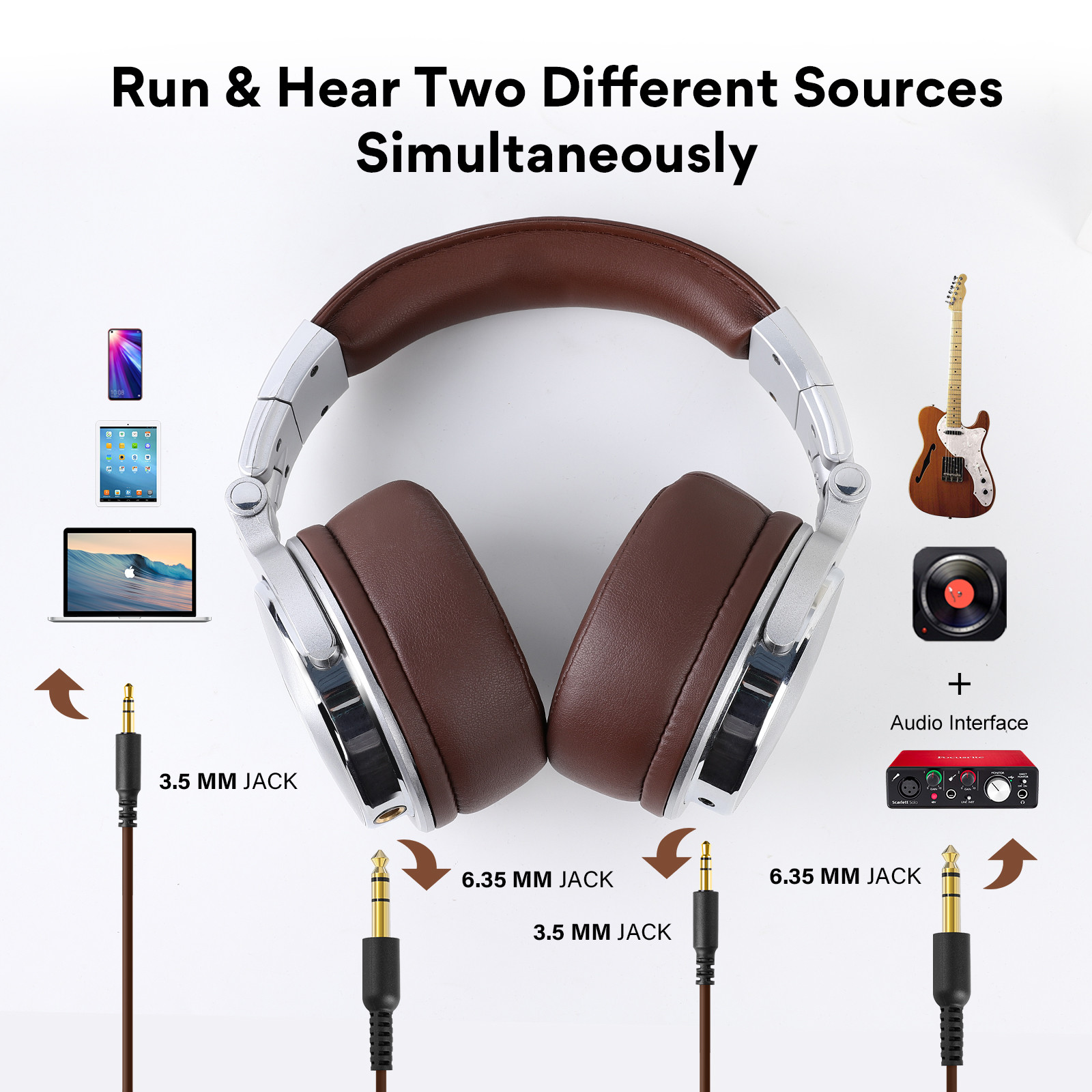 Cuffie con jack, chitarra e interfaccia audio, che illustrano sorgenti audio simultanee da dispositivi.
