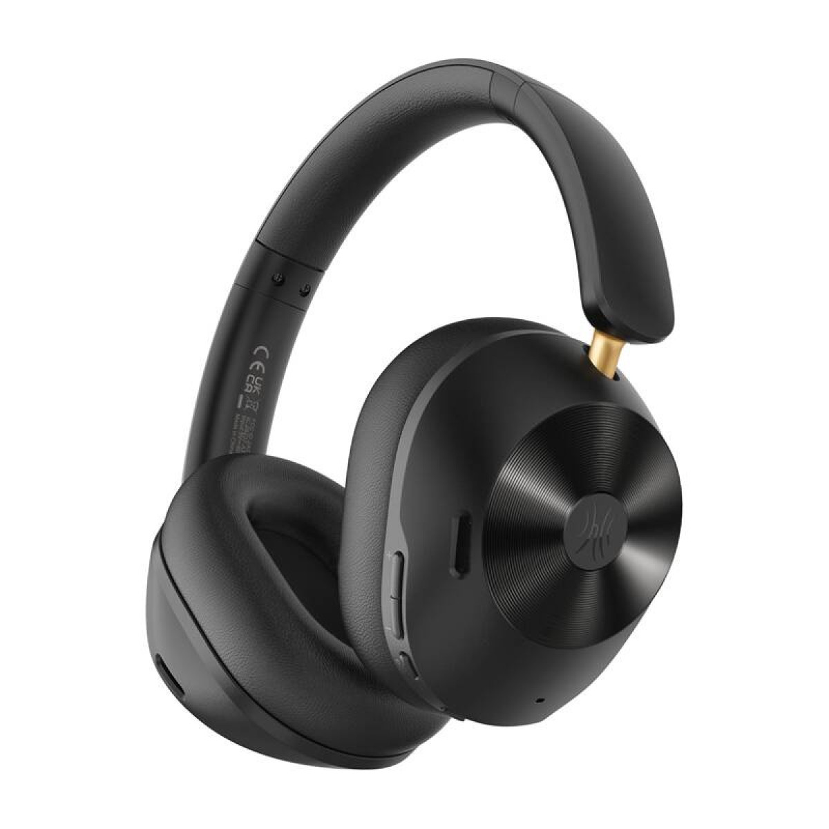 Zwarte over-ear koptelefoon met gouden accenten. De oorschelpen zijn cirkelvormig en de hoofdband buigt over de bovenkant. De achtergrond is wit.