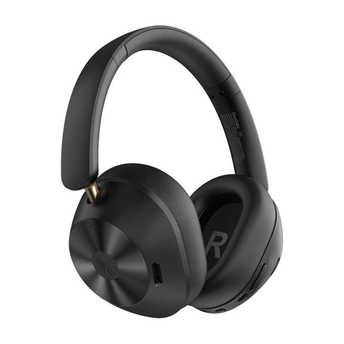 Zwarte over-ear koptelefoon. De oorschelpen zijn cirkelvormig, met een 'R' op één. De hoofdband is gebogen. De achtergrond is wit.