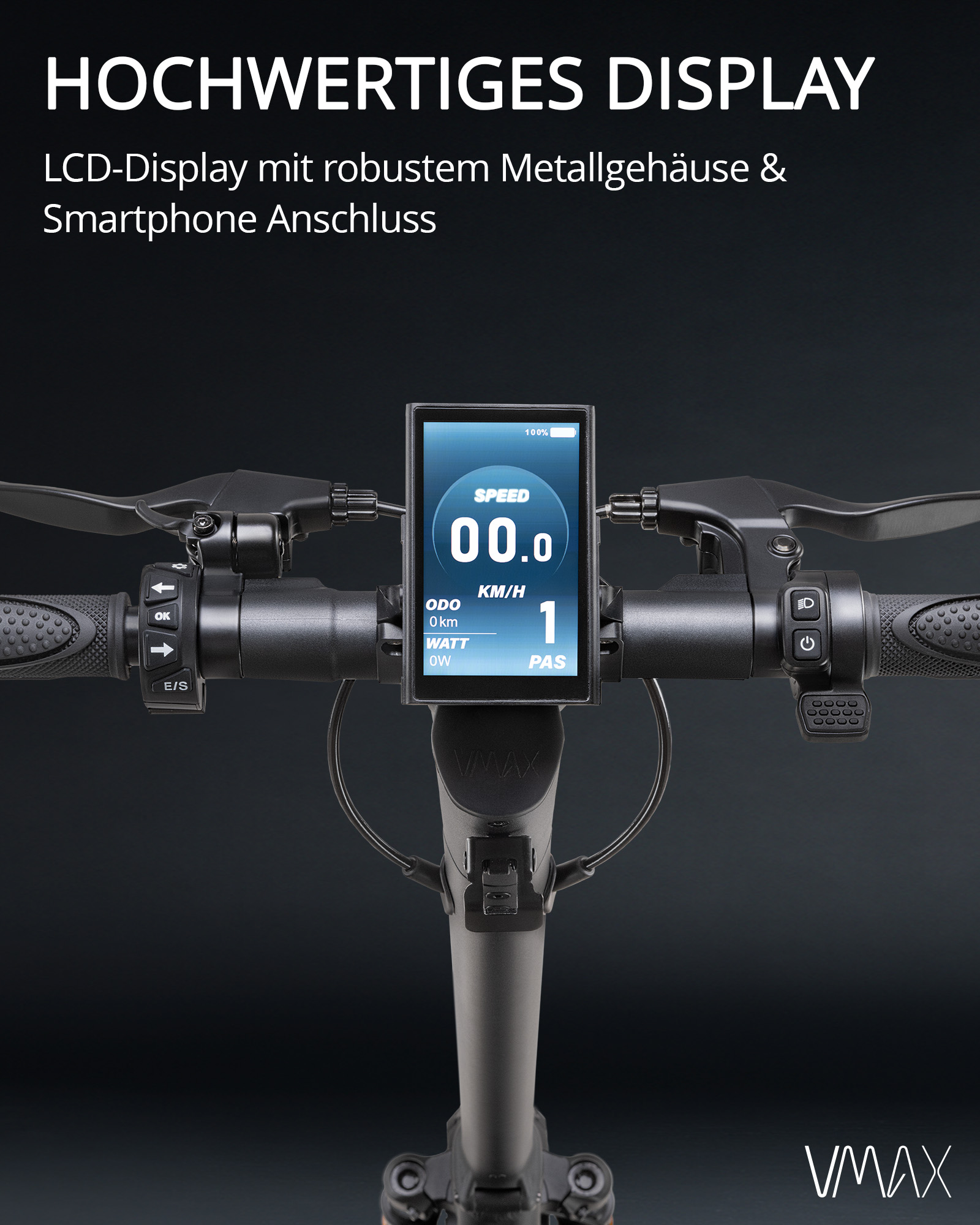Nahaufnahme eines Rollerlenkers mit Display, das 00,0 km/h anzeigt. Der Text oben lautet 'HOCHWERTIGES DISPLAY'.
