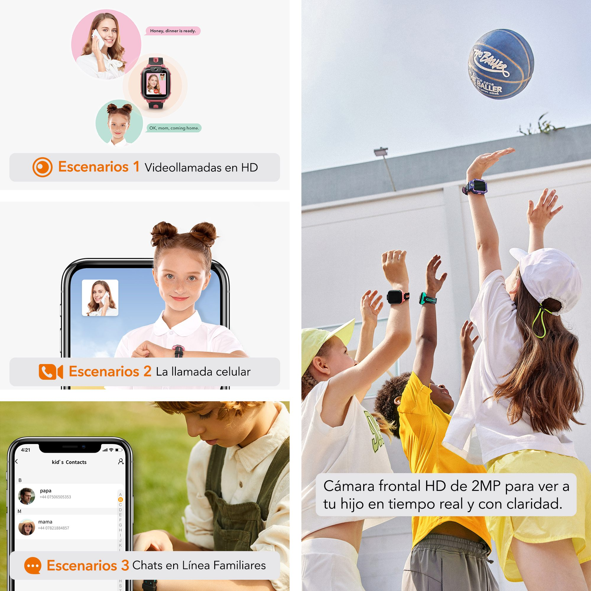 Niños jugando baloncesto, usando smartwatches. Gráficos muestran videollamadas, llamadas y chats familiares.