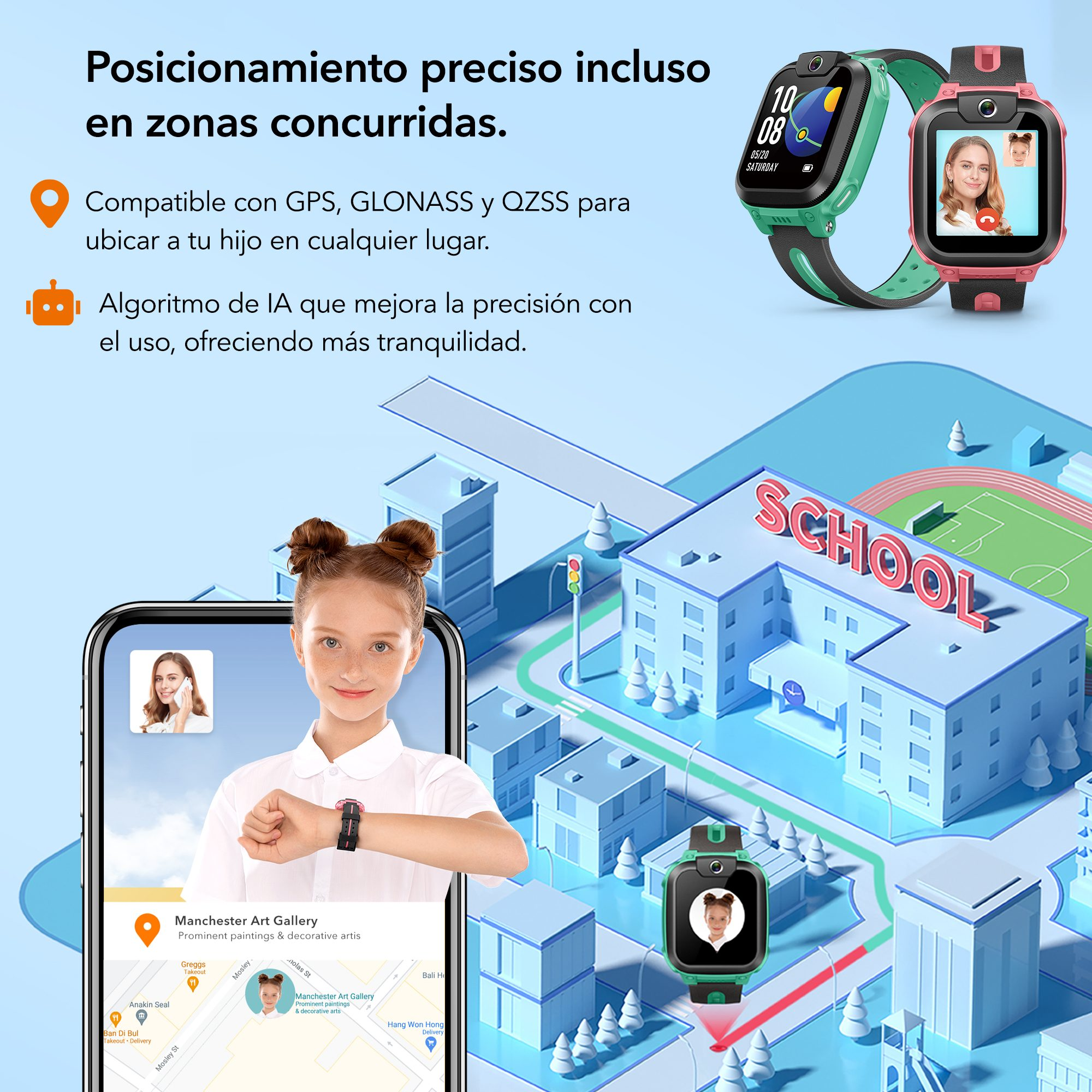 Una niña usa un reloj inteligente, con una escuela y un mapa en el fondo, un reloj muestra una videollamada.