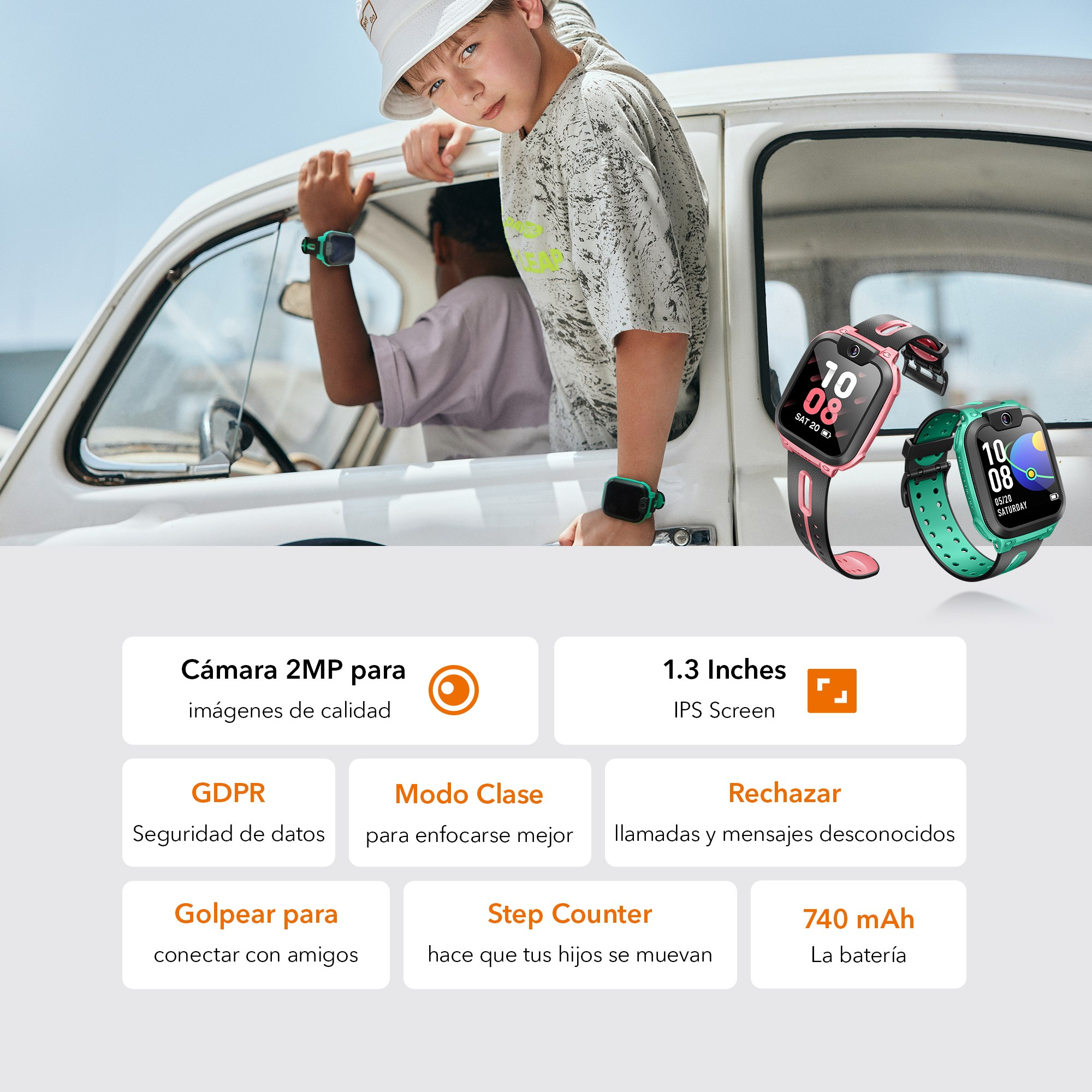 Dos niños en un coche, con relojes inteligentes. Se muestran relojes inteligentes rosas y verdes. También se muestra información sobre las funciones.