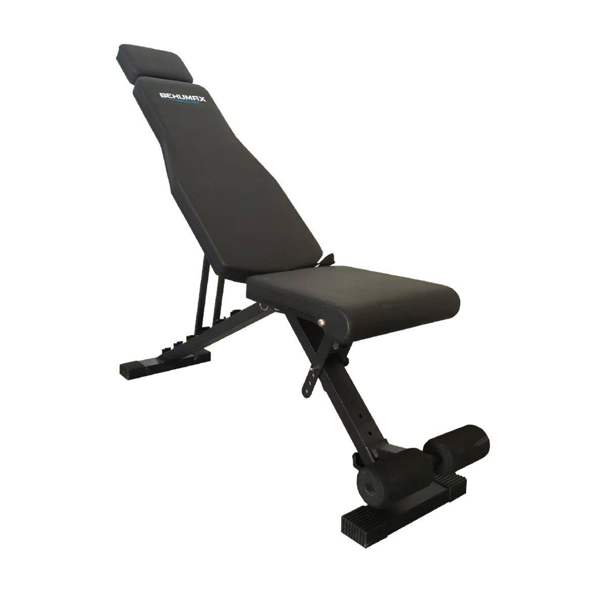 Un banco de pesas negro ajustable. Tiene un asiento acolchado, respaldo y soportes para las piernas. La marca BEHUMAX es visible.