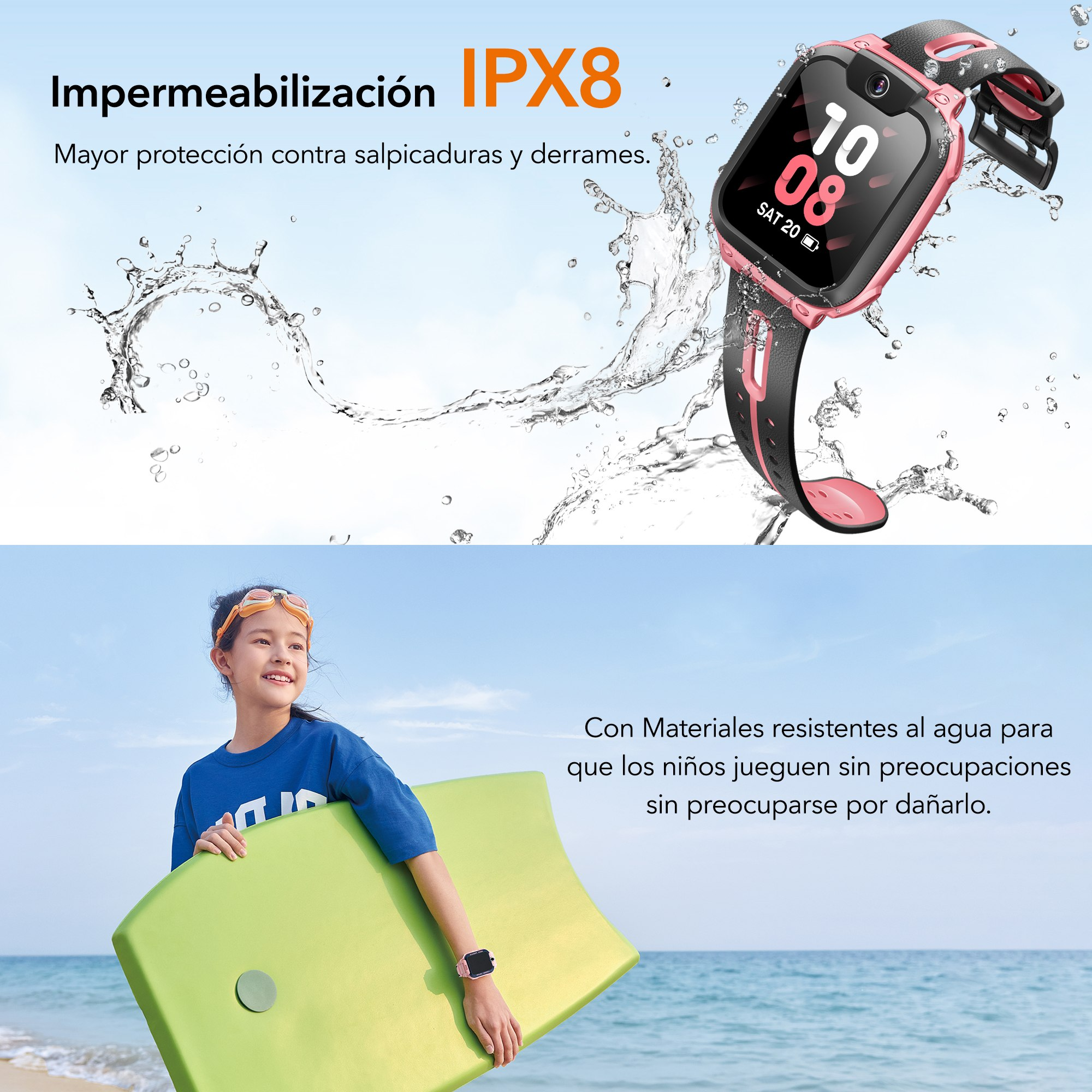 Un reloj inteligente rosa con salpicaduras de agua. Una niña sostiene una tabla verde en la playa.