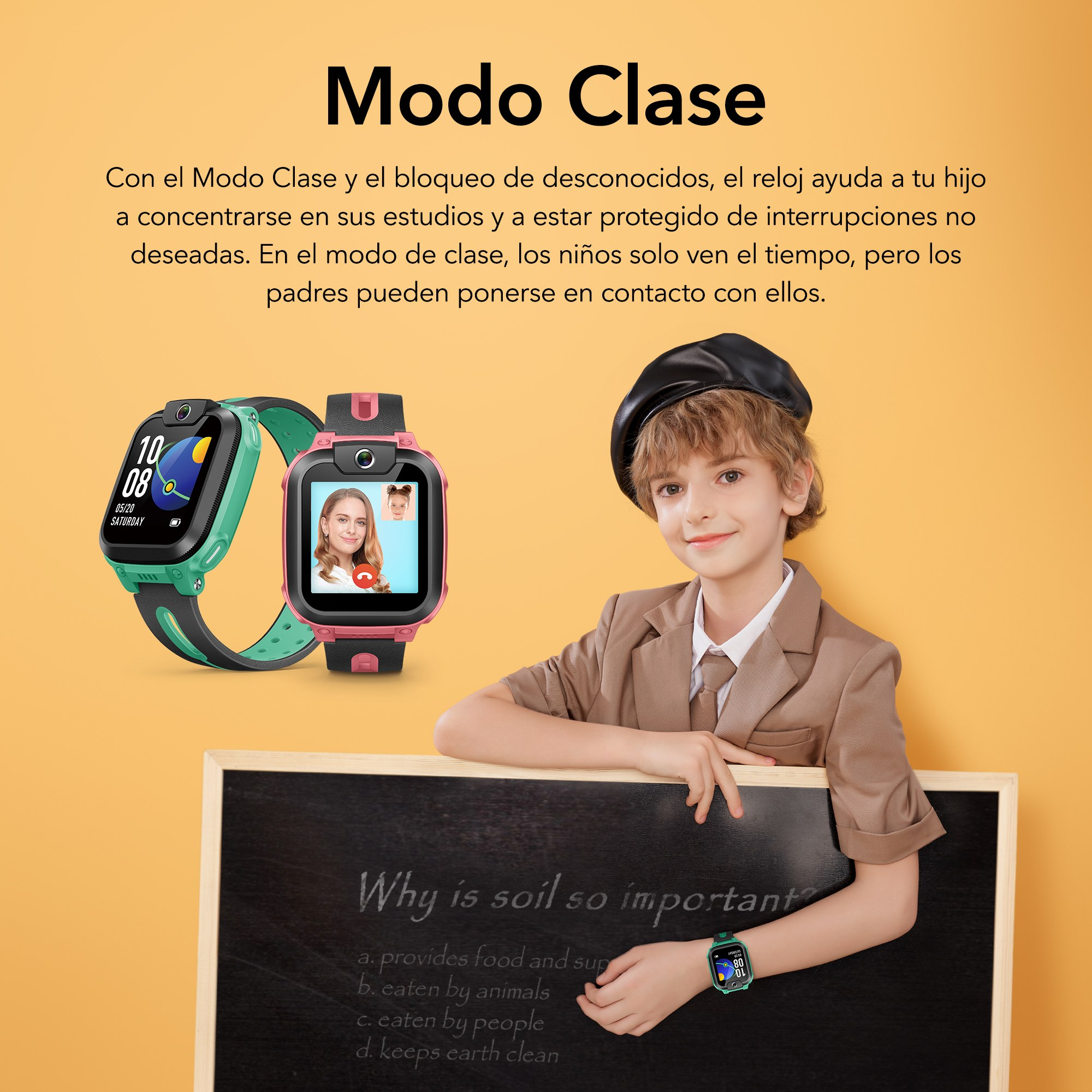 Un niño con blazer y boina, sosteniendo una pizarra. Se muestran dos relojes inteligentes.
