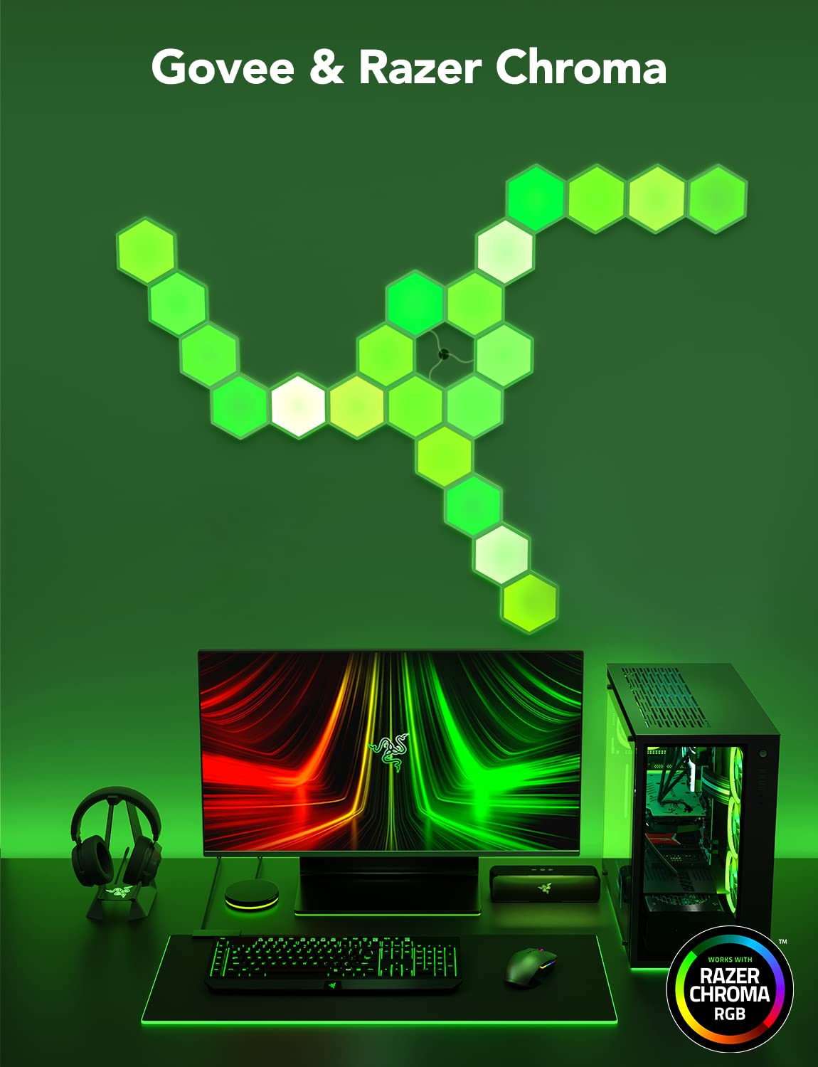 Un'impostazione di gioco con illuminazione verde. Un monitor, un PC, cuffie, tastiera e mouse sono su una scrivania. Le luci esagonali sono sopra.