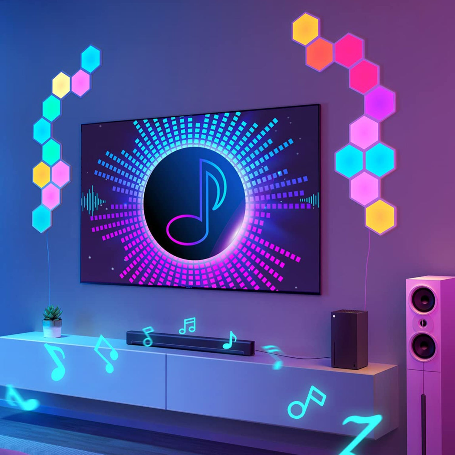 Soggiorno con TV con grafica musicale. Luci esagonali, soundbar. Note musicali fluttuanti. Altoparlanti a destra.