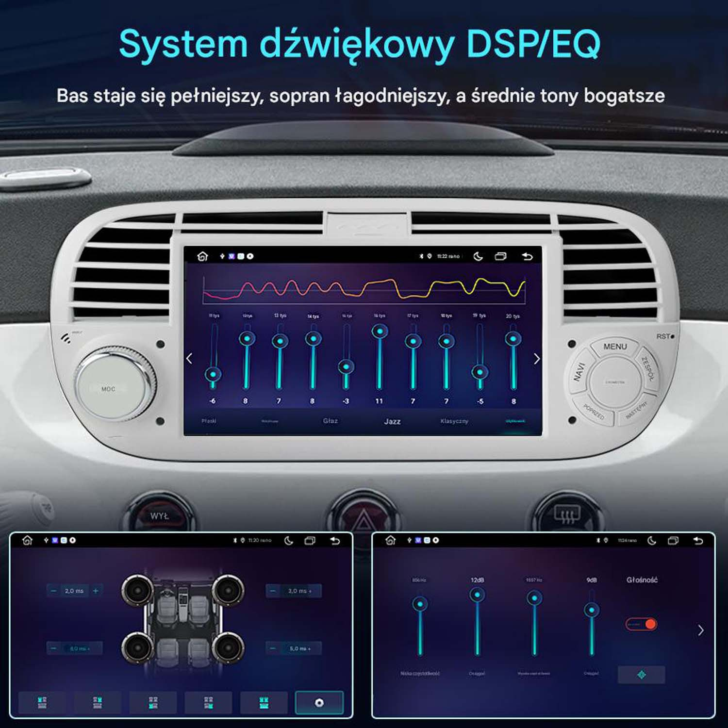 Deska rozdzielcza samochodu z cyfrowym ekranem ustawień audio. Wyświetla korektor i inne elementy sterowania.