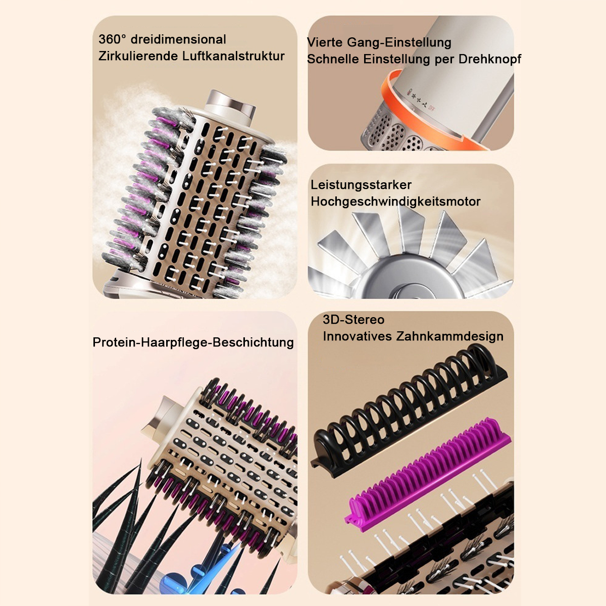 Das Bild zeigt Teile eines Haarstyling-Tools. Abschnitte heben Funktionen wie 360° Luftstrom, einen Hochgeschwindigkeitsmotor und ein innovatives Kammdesign hervor.