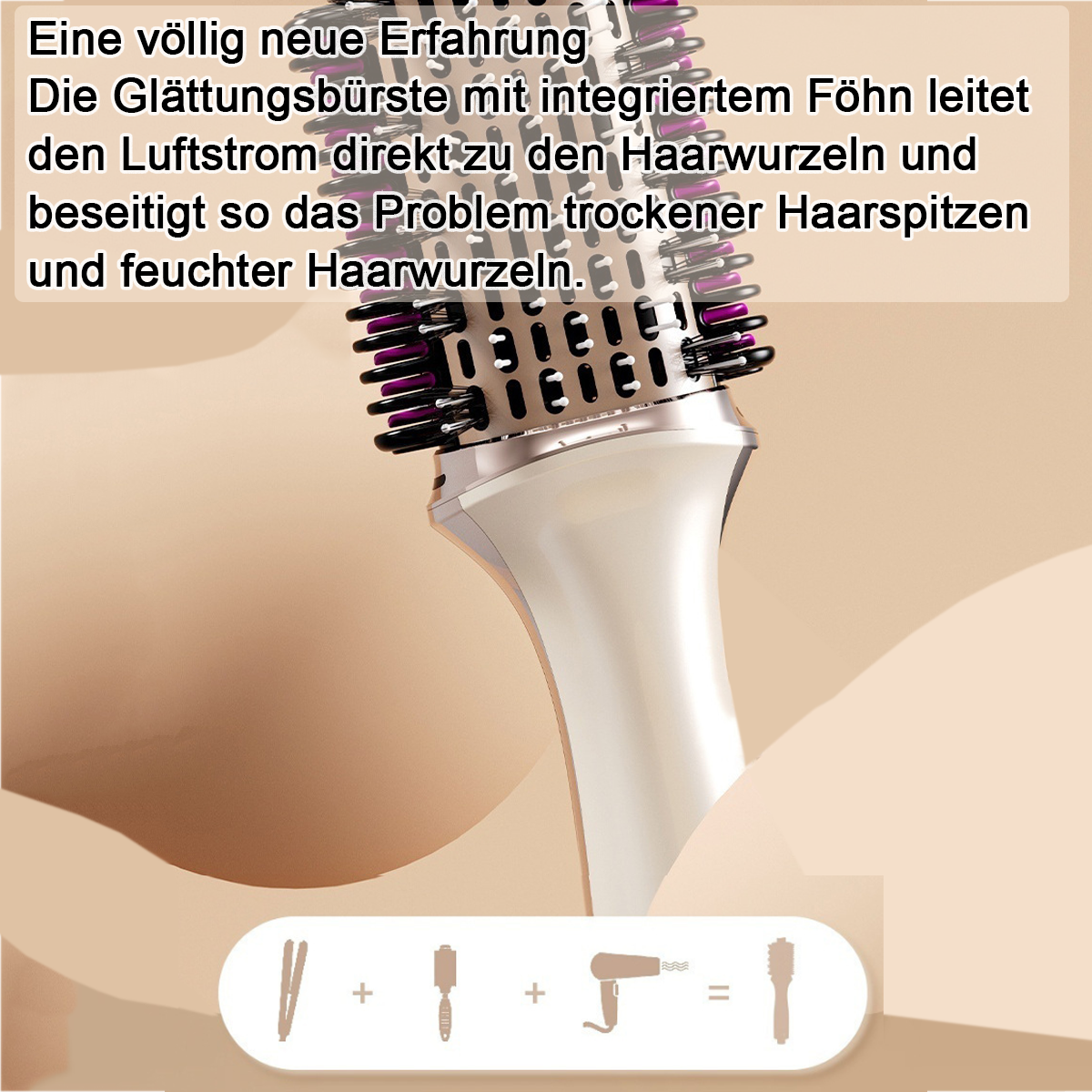 Eine Haarglättungsbürste mit integriertem Trockner. Text auf Deutsch. Icons von Glätteisen, Bürste, Trockner und der Bürste.
