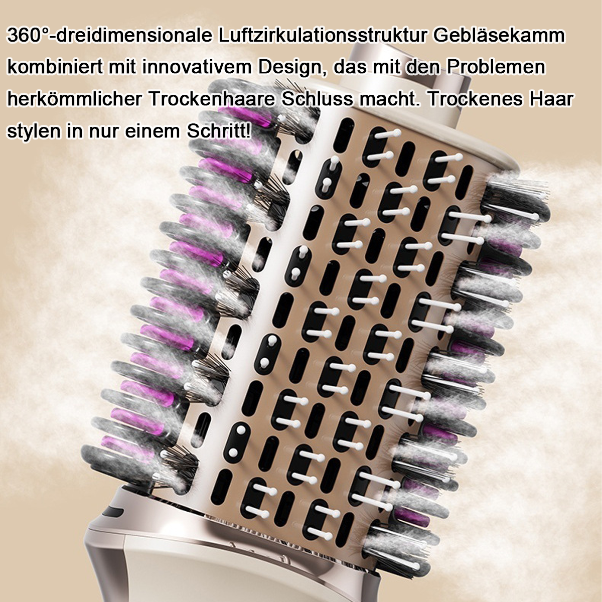 Haarstyling-Werkzeug mit Borsten und Luftauslässen. Graue, lila und schwarze Borsten. Beiger Hintergrund mit Text.