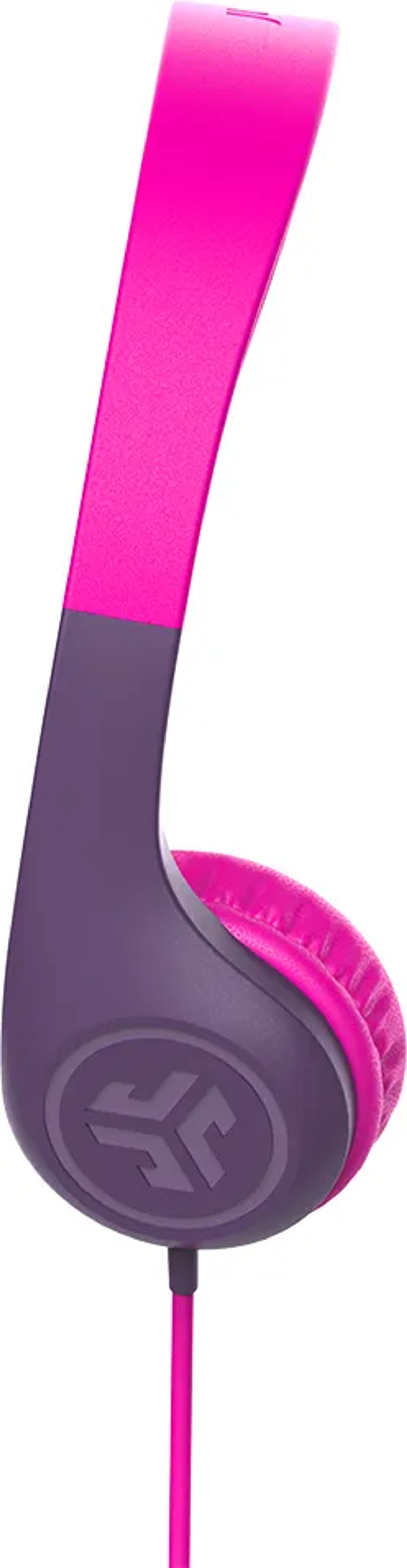 Różowe i fioletowe słuchawki. Pałąk i nauszniki są różowe. Reszta ramy jest fioletowa. Wisi różowy przewód.