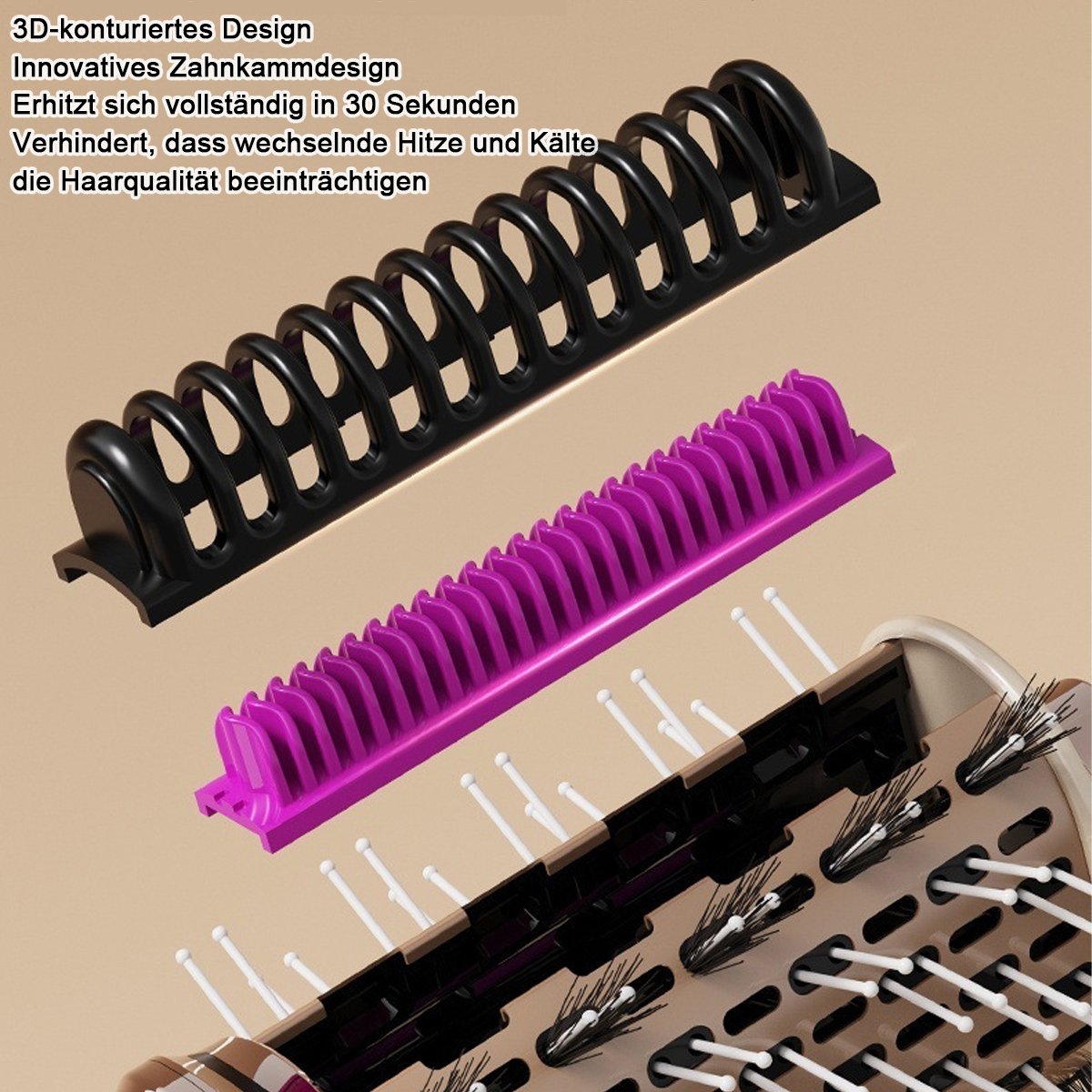 Nahaufnahme von Haarstyling-Tools. Ein schwarzes, kammartiges Gebilde über einem lila Kamm. Darunter ist ein Bürstenkopf zu sehen.