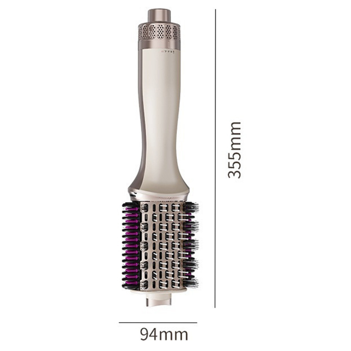 Eine Haarstylingbürste, beige und silber, mit lila Borsten, Abmessungen 355 mm x 94 mm. Sie ist auf weißem Hintergrund isoliert.