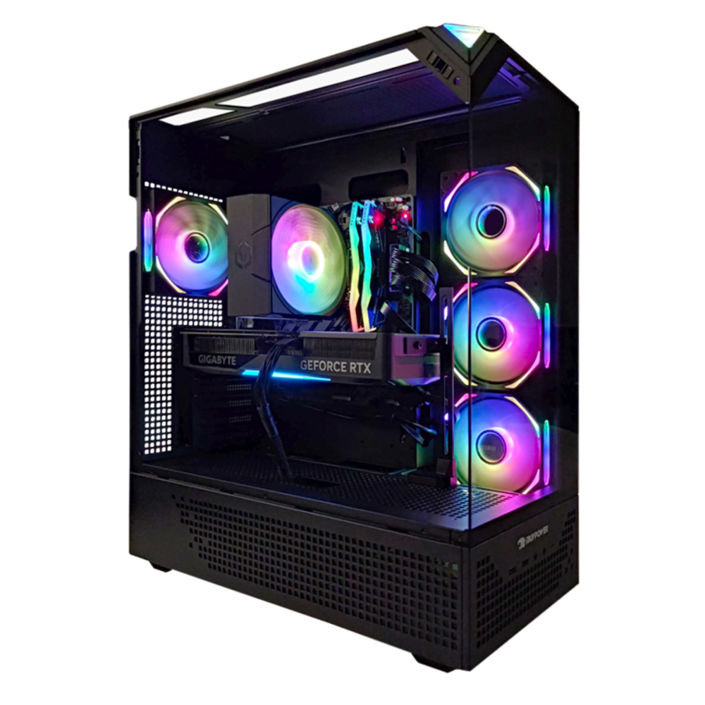 Caja de ordenador negra con componentes internos iluminados por LEDs de colores. Es visible una tarjeta gráfica Gigabyte GeForce RTX.