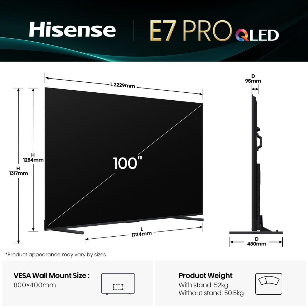 Telewizor Hisense E7 Pro QLED ze specyfikacjami wymiarów i wagi. Zawiera rozmiar uchwytu ściennego VESA i szczegóły dotyczące wagi produktu.
