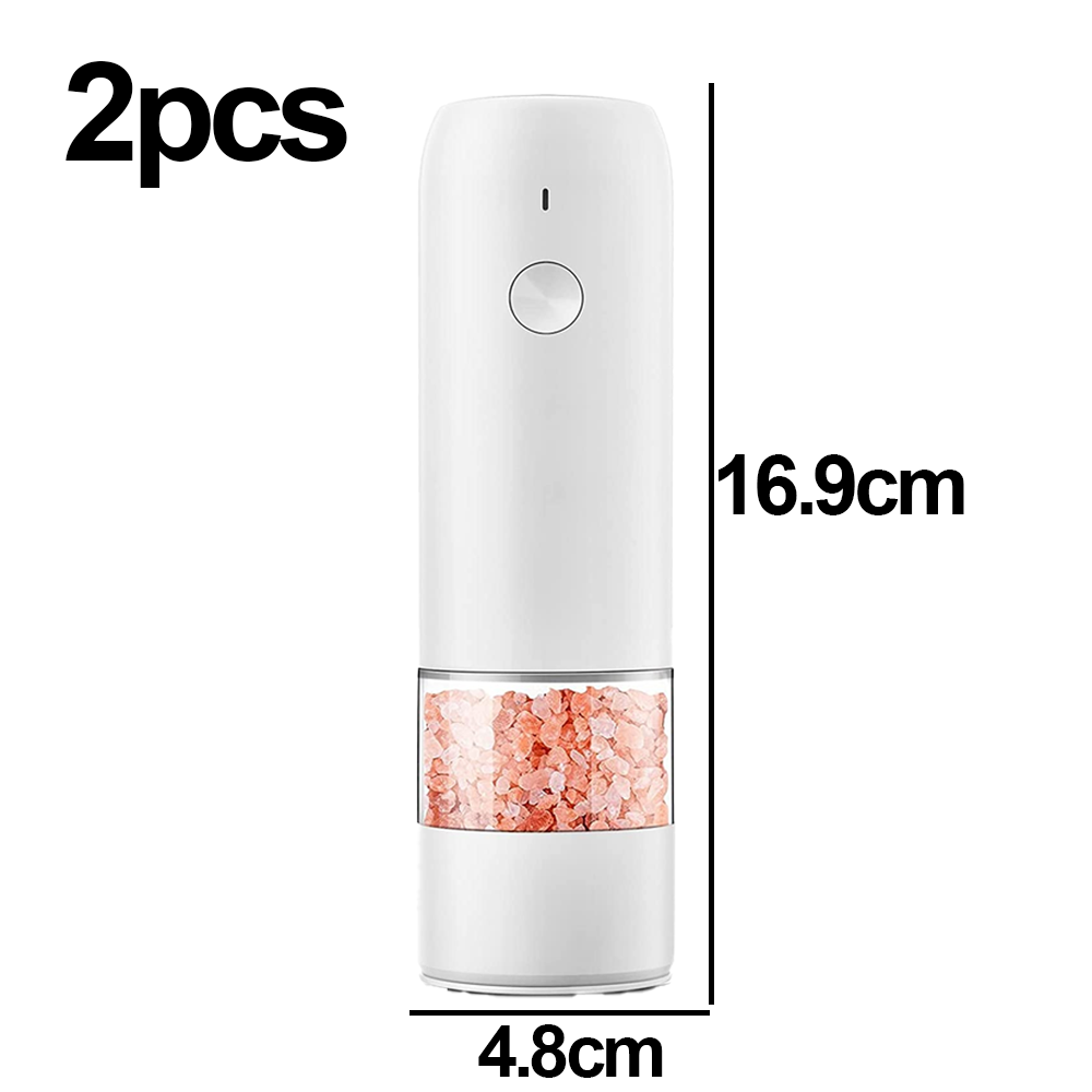 Weißer elektrischer Pfeffermühle mit rosa Salz, sichtbar durch einen transparenten Abschnitt. Abmessungen: 16,9 cm hoch, 4,8 cm breit. Text: 2 Stück.