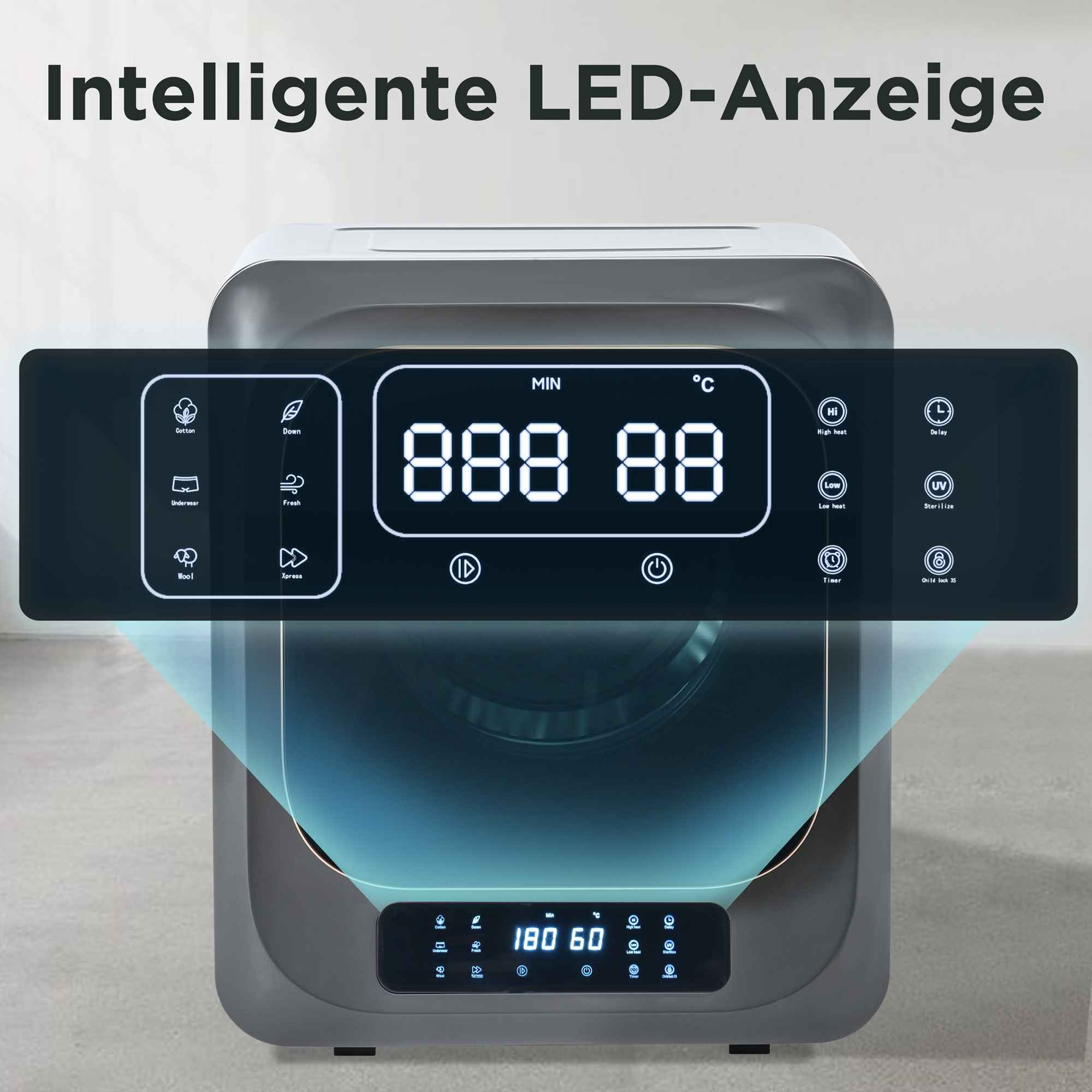 Ein graues Gerät mit digitaler Anzeige, die Zahlen und Symbole zeigt. Es hat mehrere Tasten und ein Bedienfeld.