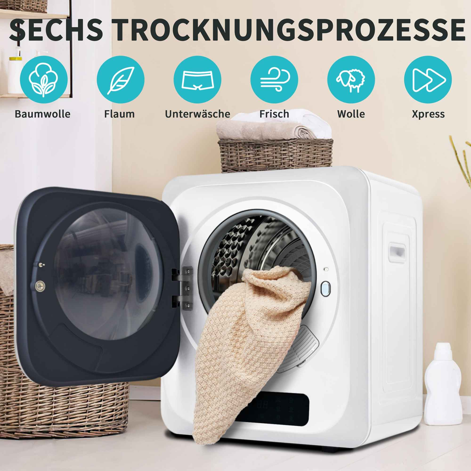 Ein weißer Trockner mit offener Tür, ein beiger Pullover hängt heraus. Sechs Trocknungssymbole befinden sich darüber.