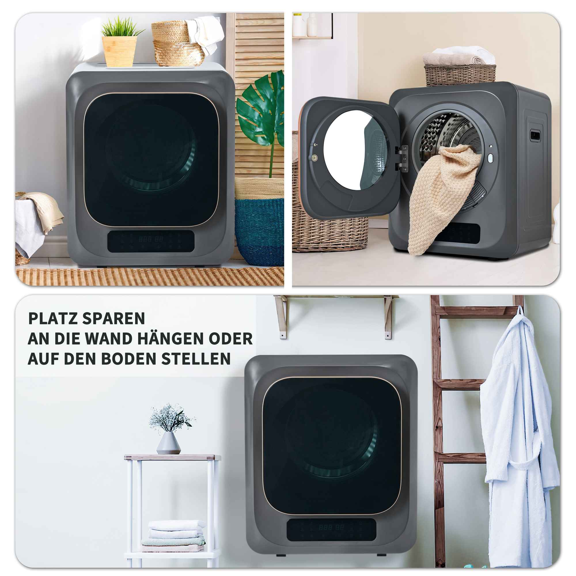 Eine graue Waschmaschine mit offener Tür. Es gibt Körbe, eine Pflanze und eine Leiter mit einem Bademantel. Der Text lautet 'Platz sparen'.
