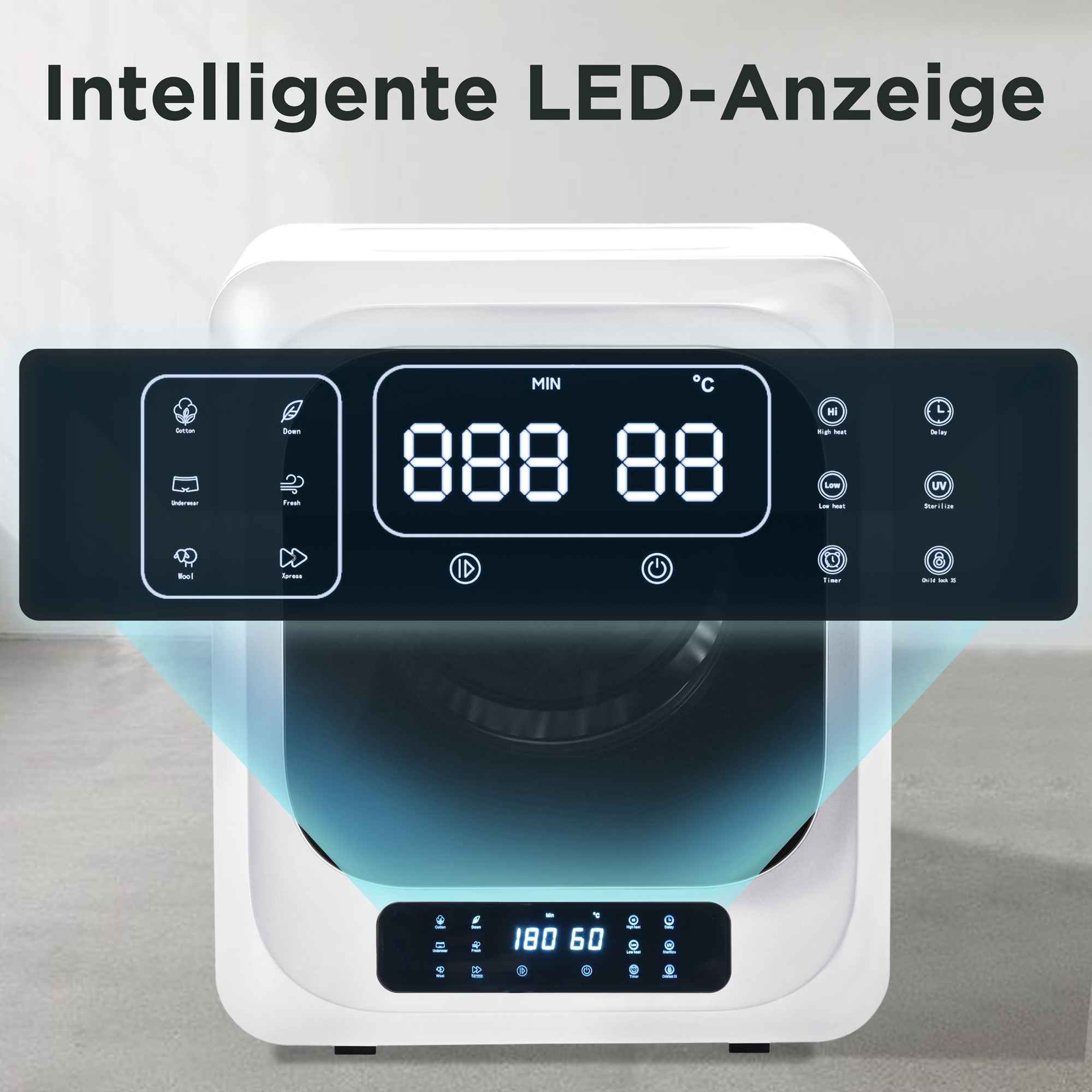 Weiße Waschmaschine mit schwarzem Bedienfeld, das Zahlen und Symbole anzeigt. Text auf Deutsch: Intelligente LED-Anzeige.