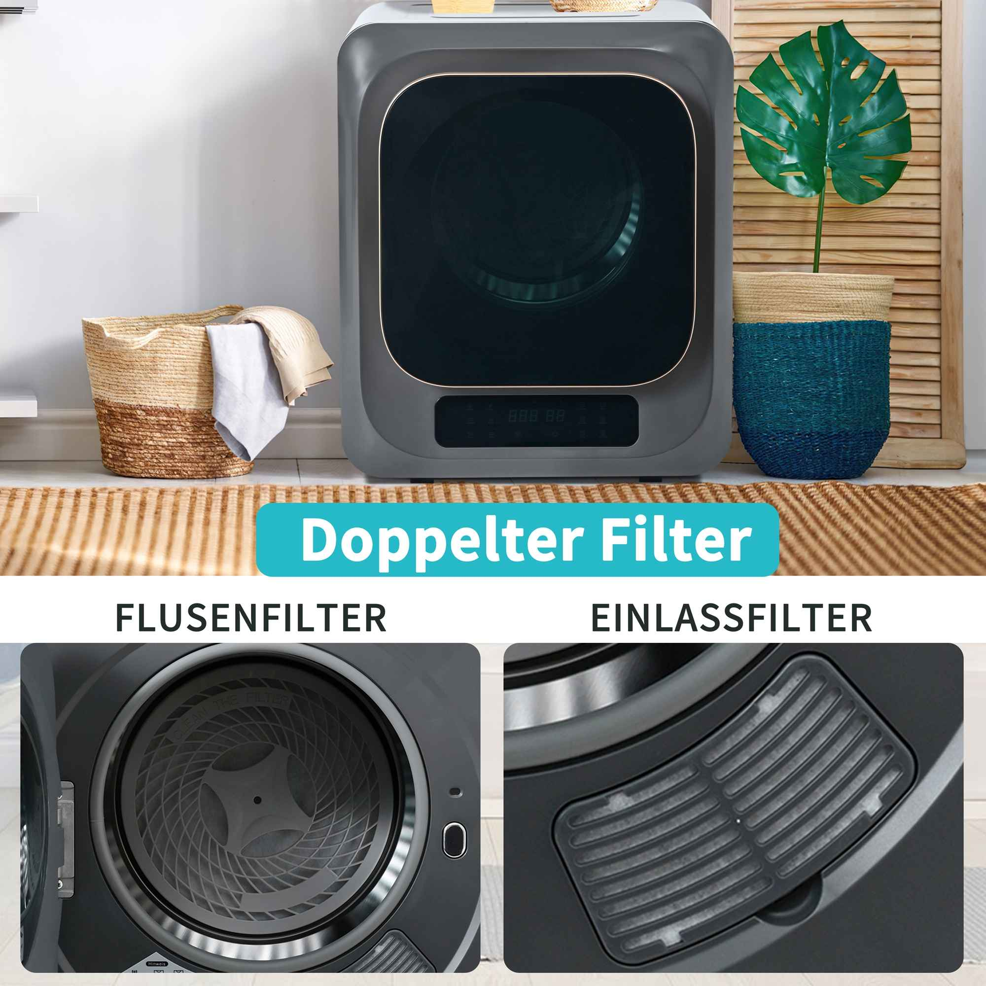 Ein grauer Trockner mit Doppelfilter-Etikett. Es gibt eine Pflanze und einen Korb mit Handtüchern.