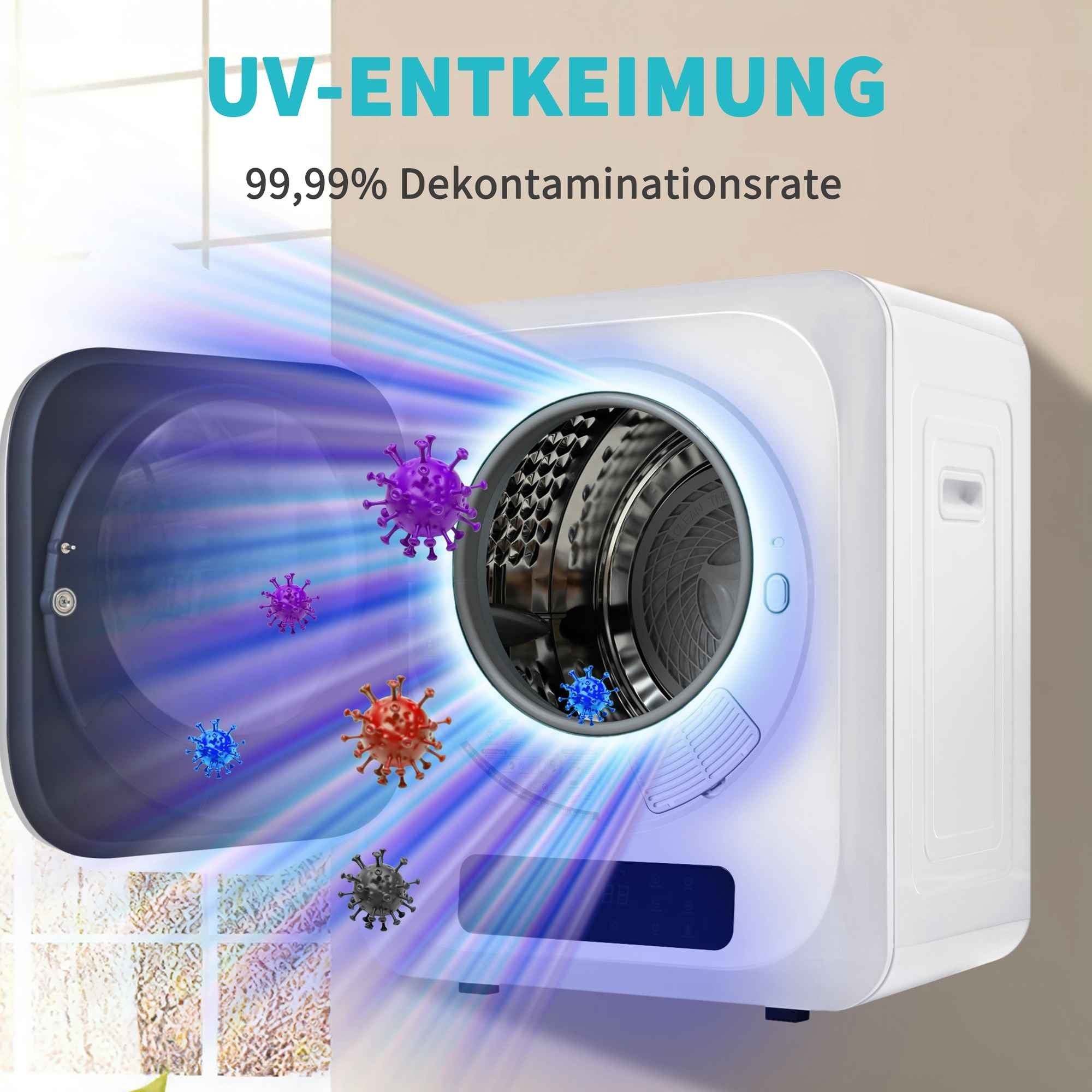 Ein weißer UV-Sterilisator mit offener Tür. Viren sind innen und außen abgebildet. Text: UV-Desinfektion, 99,99 % Dekontaminationsrate.
