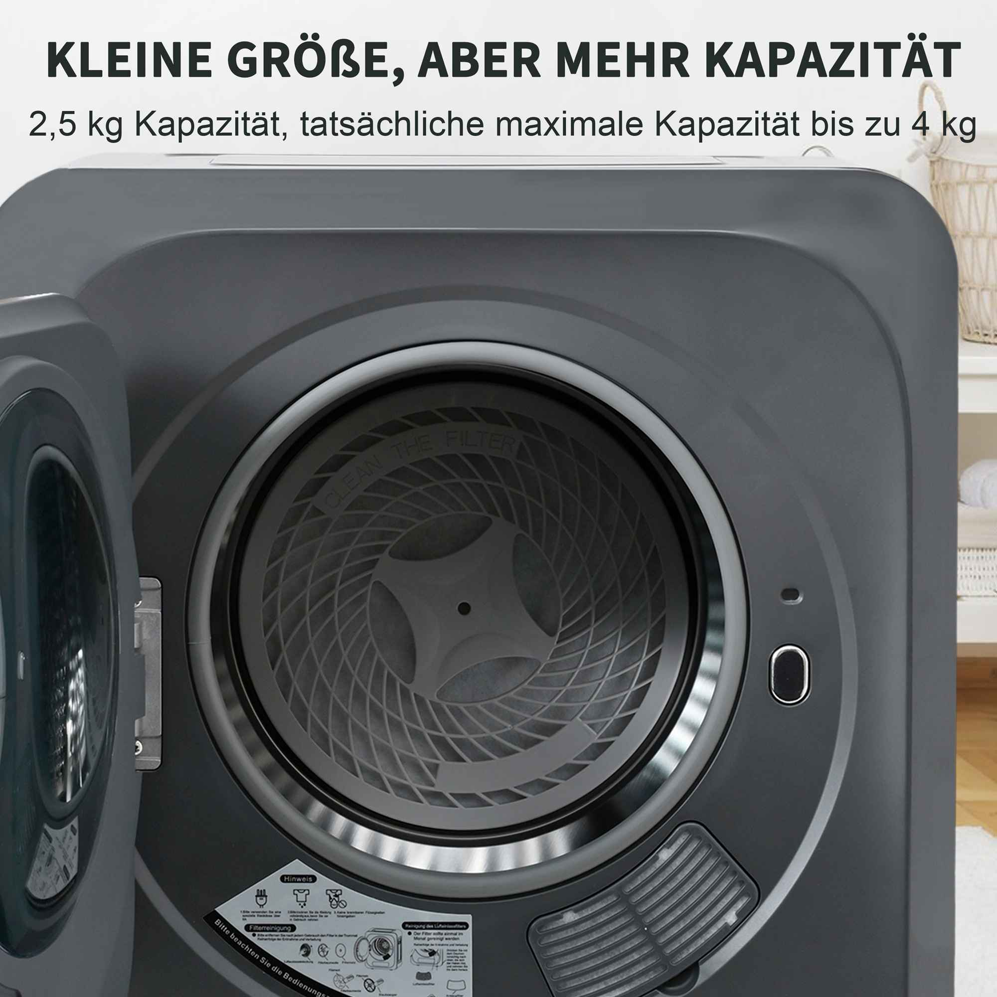 Ein dunkelgrauer Trockner mit offener Tür. Der Filter ist sichtbar. Text: Kleine Größe, aber mehr Kapazität.