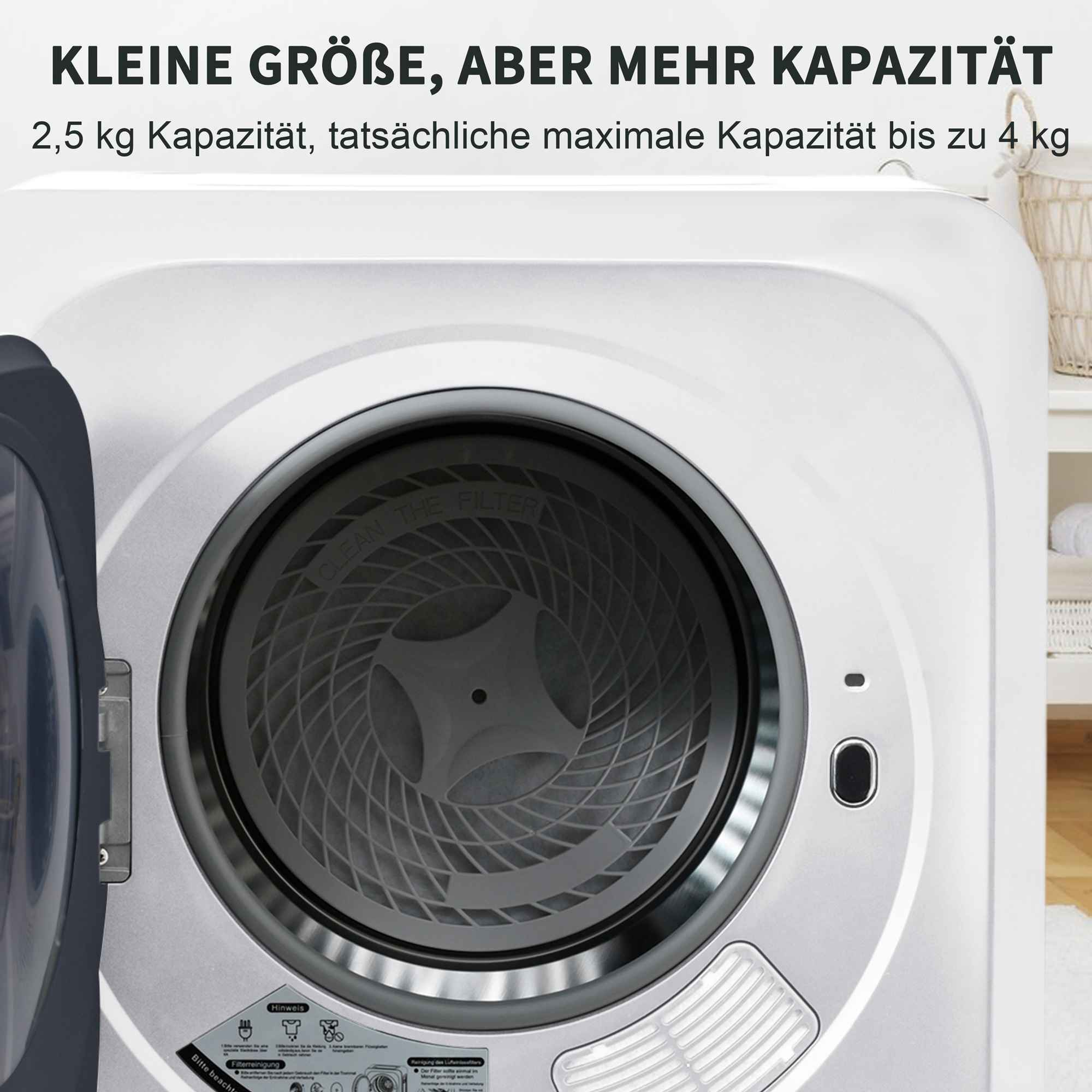 Offene Trocknertür. Innen ist ein kreisförmiger Filter zu sehen. Text: Kleine Größe, aber mehr Kapazität. Kapazität bis zu 4 kg.