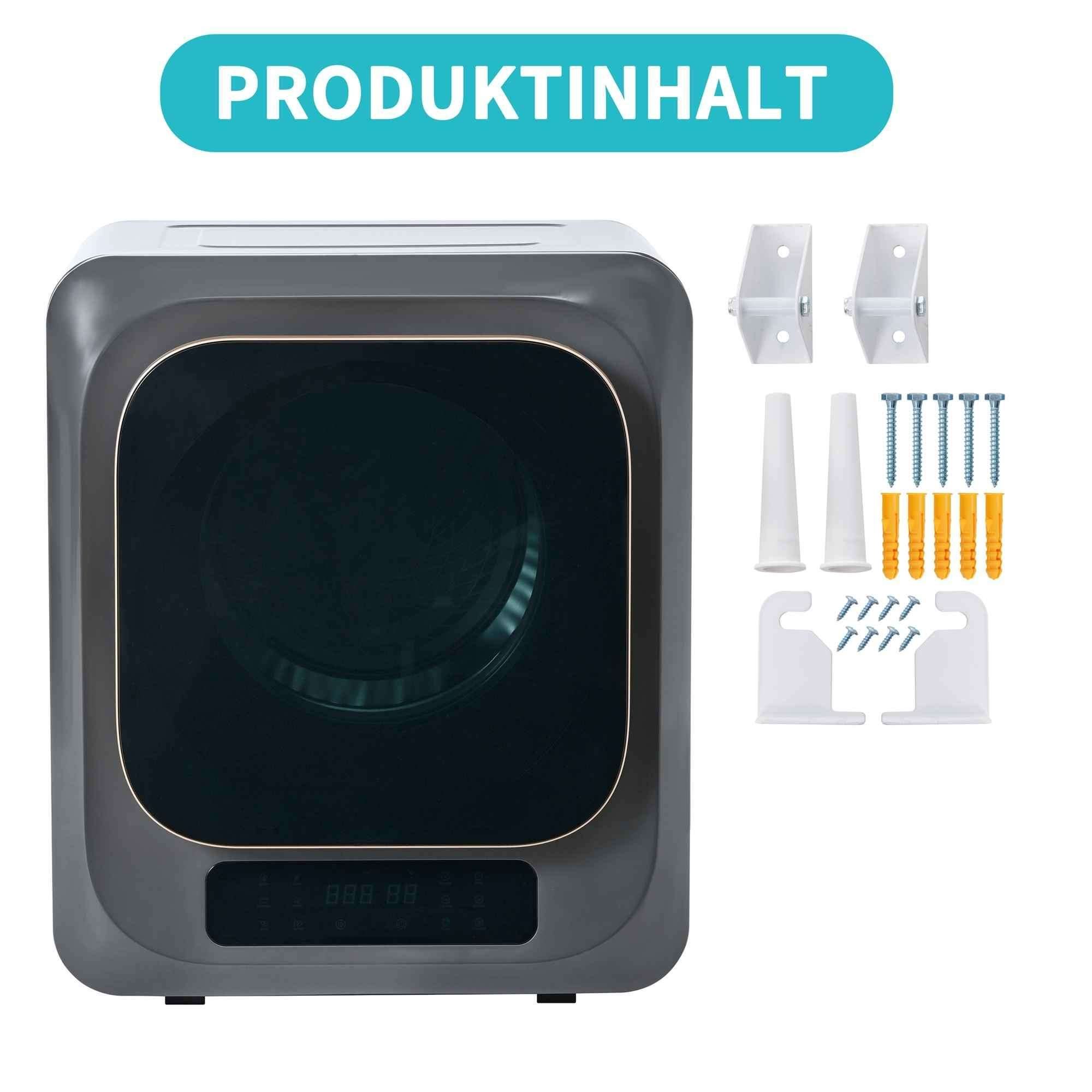Graues Gerät mit dunklem Bildschirm. Zubehör umfasst Halterungen, Schrauben und Wanddübel. Oben steht 'PRODUKTINHALT'.